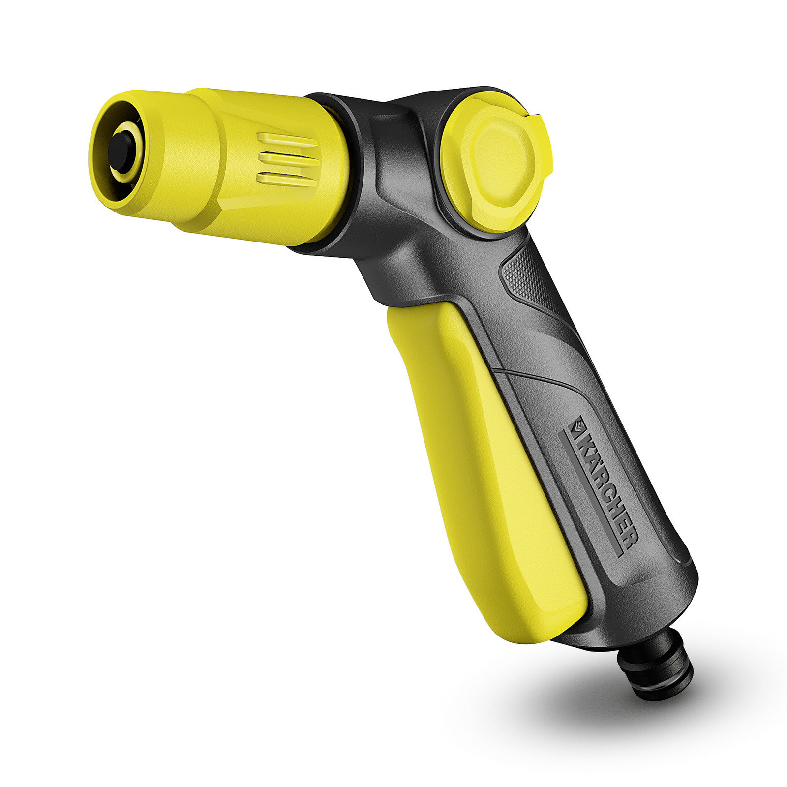 Kärcher garden hose spray gun with yellow and black ergonomic handle, isolated on white background. Kärcher garden hose spray gun with yellow and black ergonomic handle, isolated on white background.