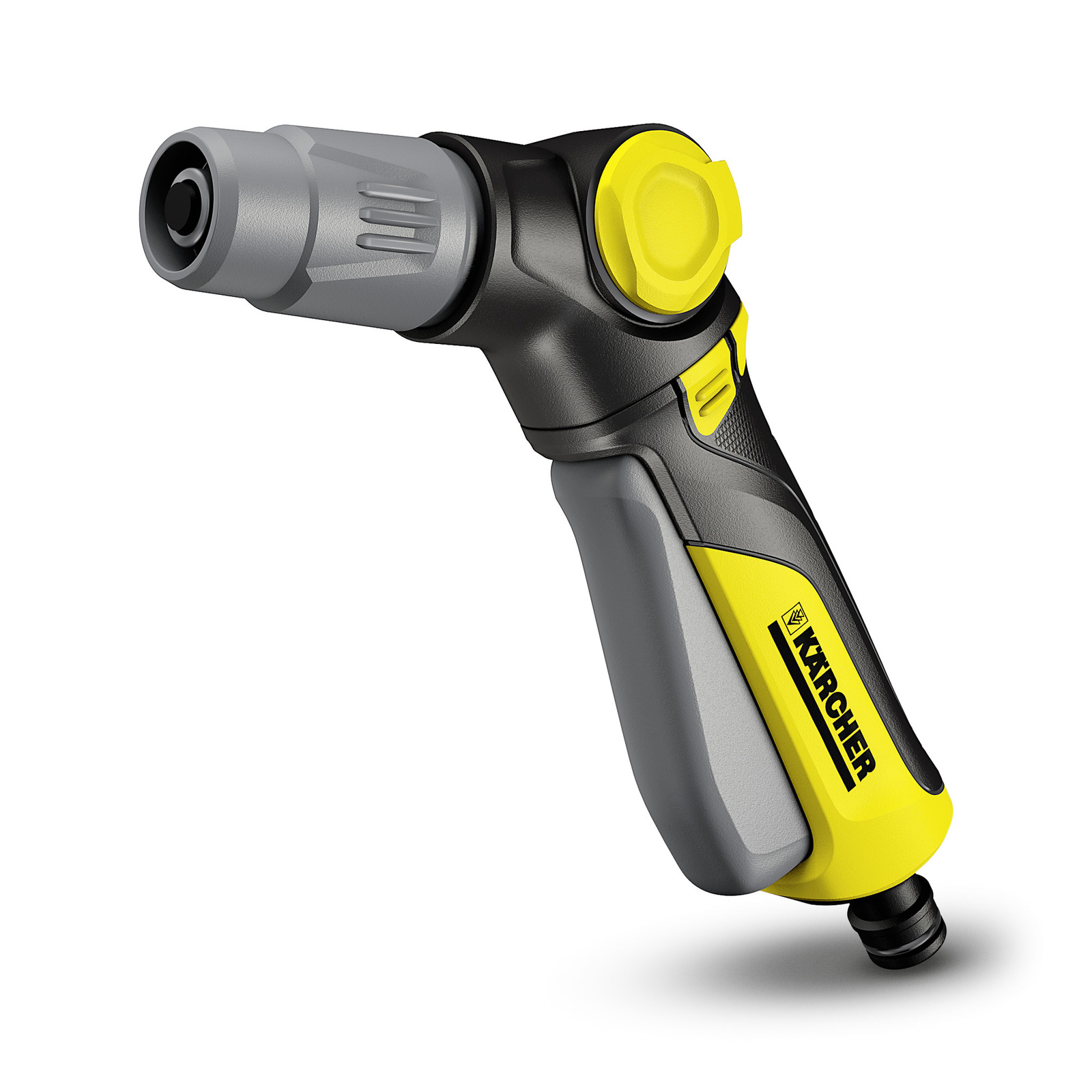 Kärcher garden hose spray gun with ergonomic handle, grey and yellow design, isolated on white background. Kärcher garden hose spray gun with ergonomic handle, grey and yellow design, isolated on white background.