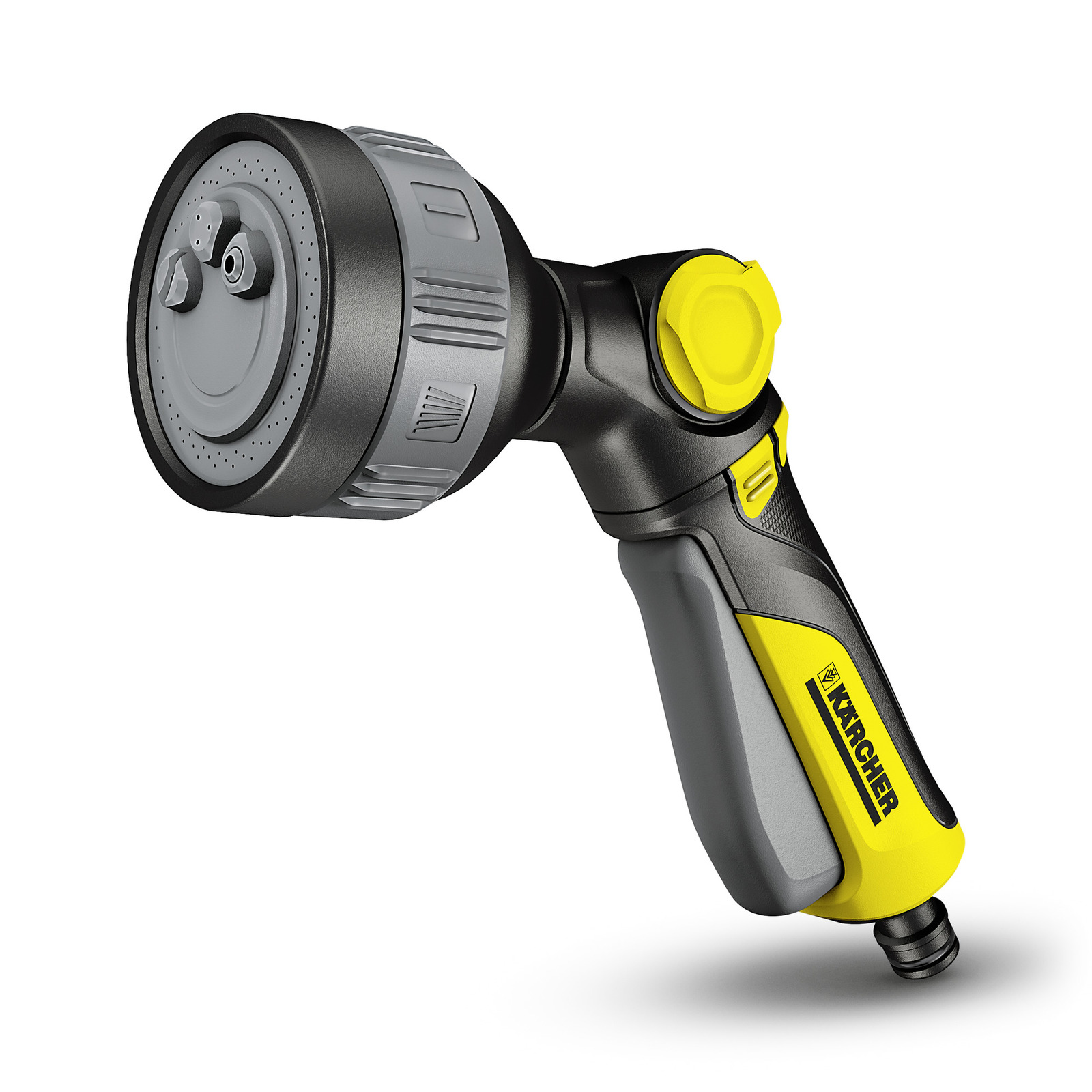 Kärcher garden hose spray nozzle with grey and yellow accents, featuring an ergonomic handle and adjustable spray head. Kärcher garden hose spray nozzle with grey and yellow accents, featuring an ergonomic handle and adjustable spray head.