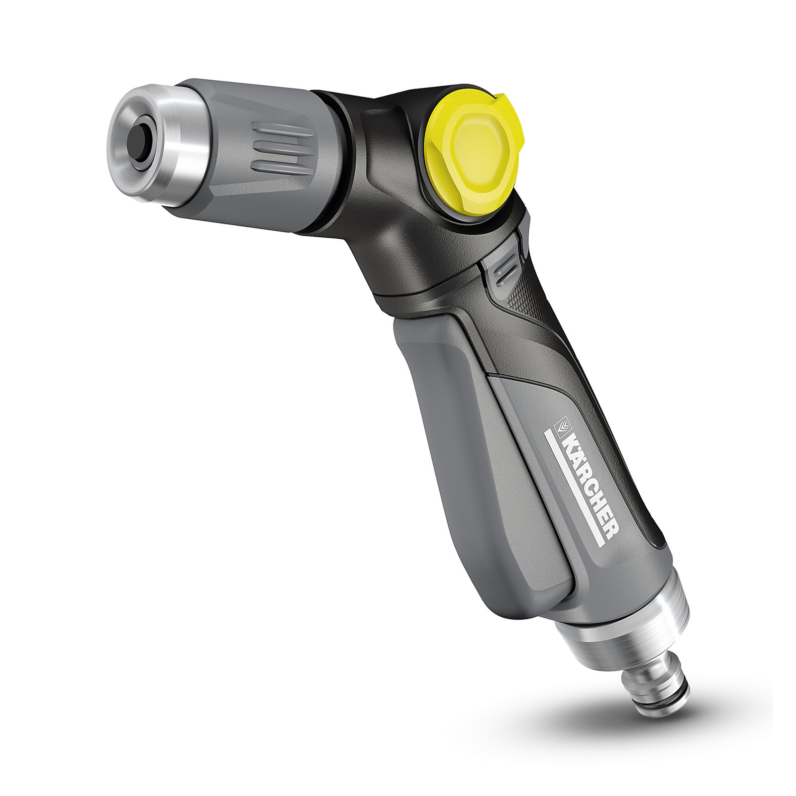 Kärcher spray gun with ergonomic grey handle, yellow dial, and metallic nozzle, isolated on a white background.