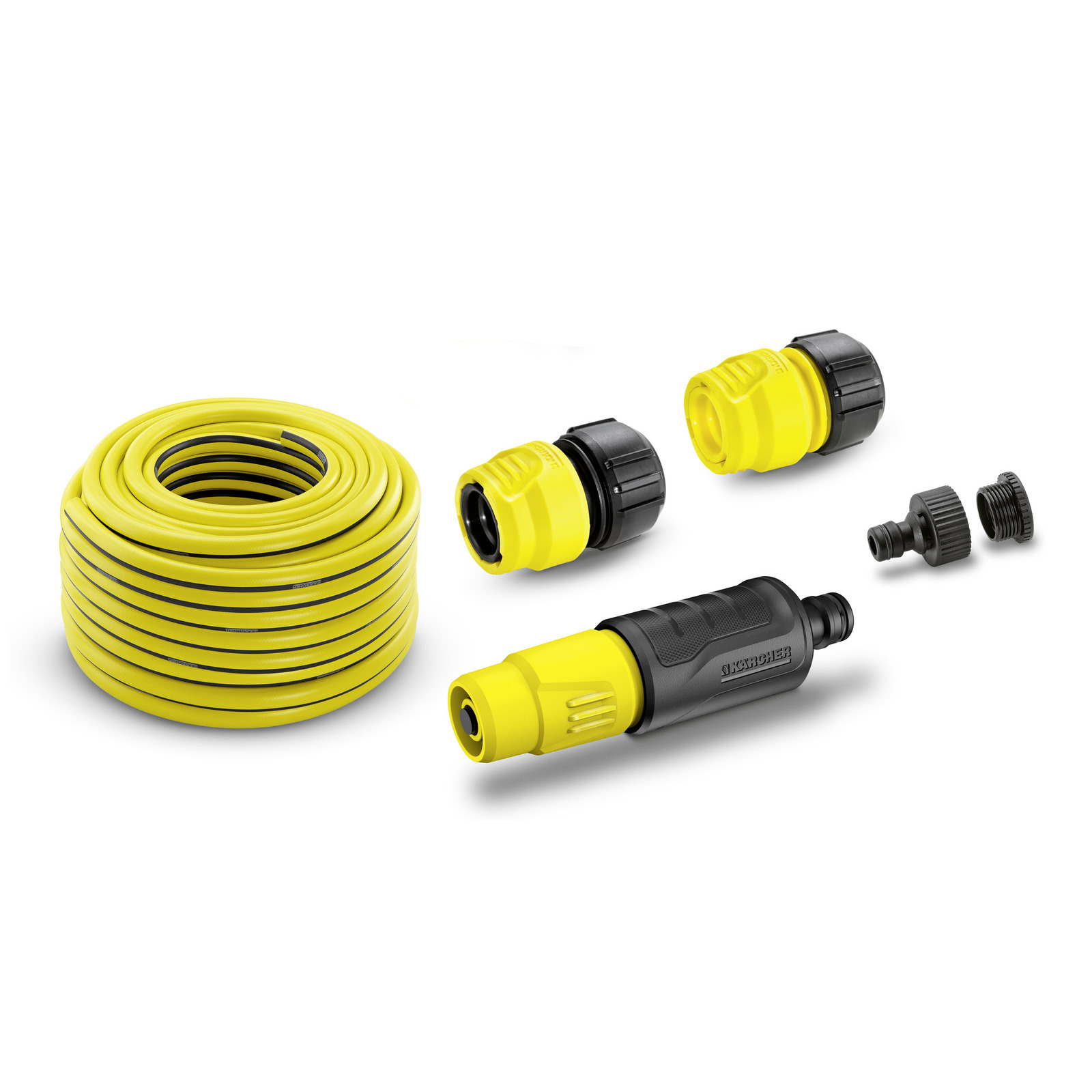 Yellow Kärcher garden hose with connectors and spray nozzle, displayed on a white background. Yellow Kärcher garden hose with connectors and spray nozzle, displayed on a white background.