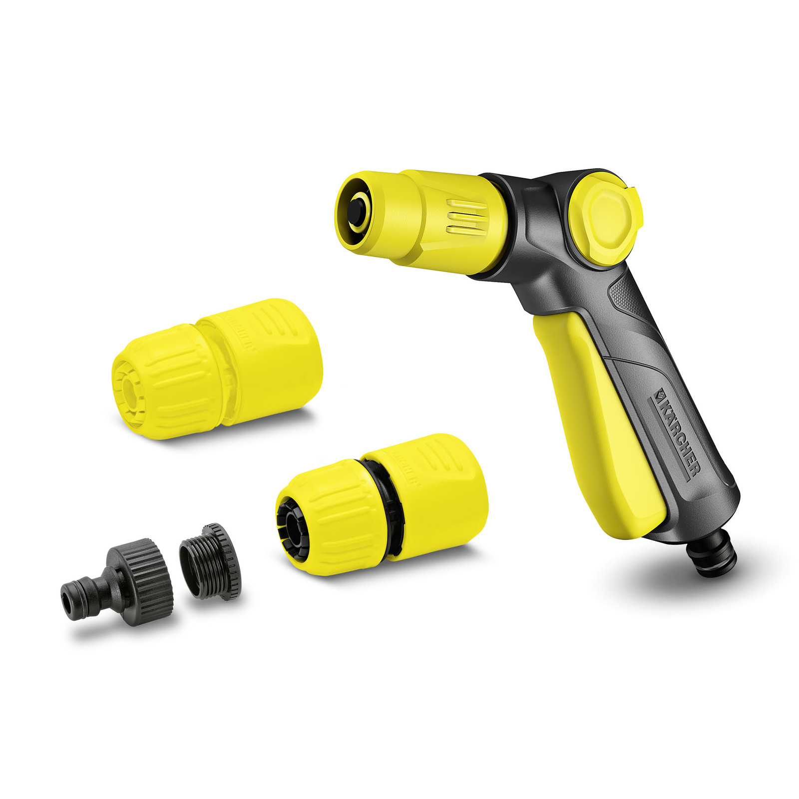 Kärcher garden hose spray gun with yellow connectors and black adapters on a white background.