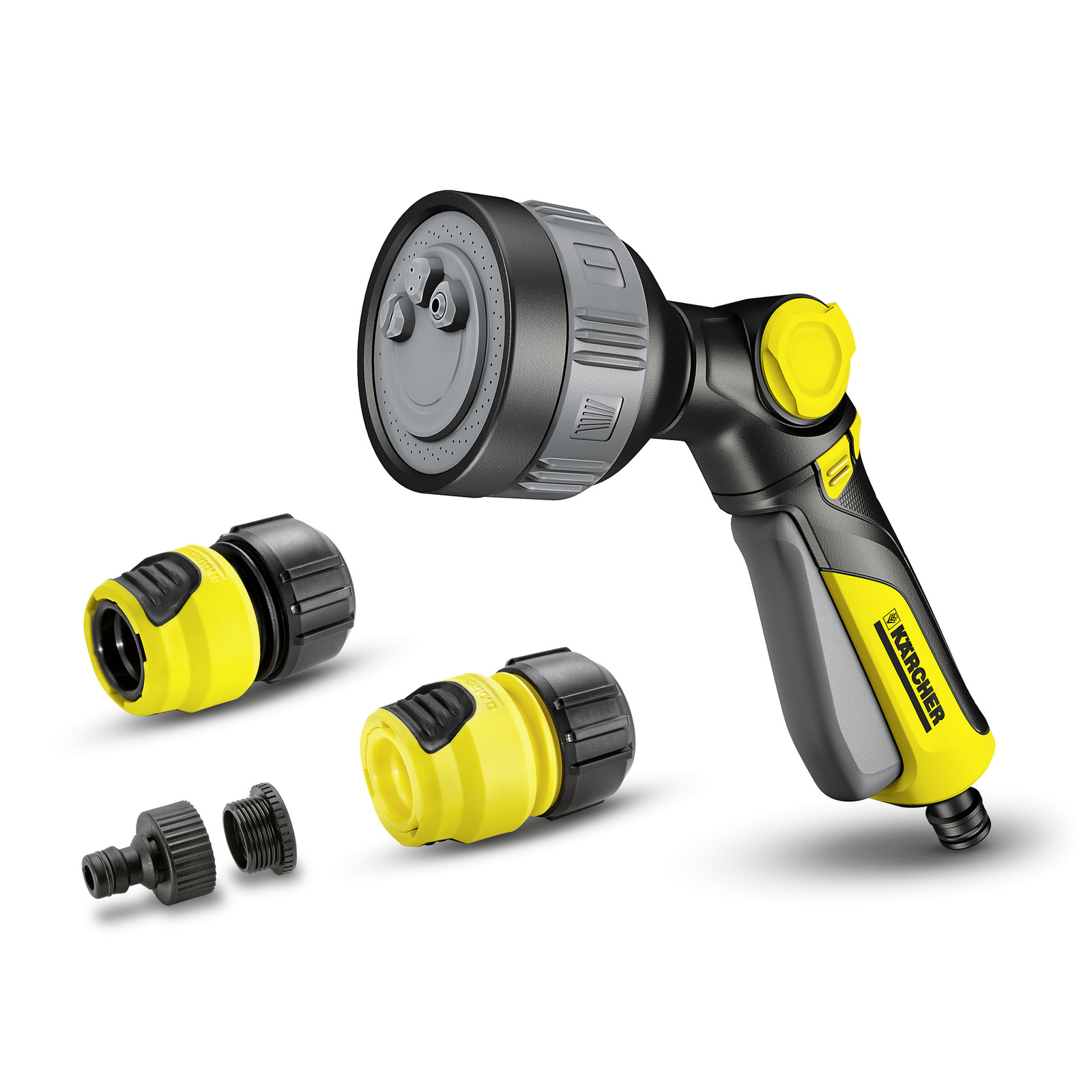 Kärcher garden hose spray gun with adjustable nozzle, two yellow connectors, and black adapter on white background.