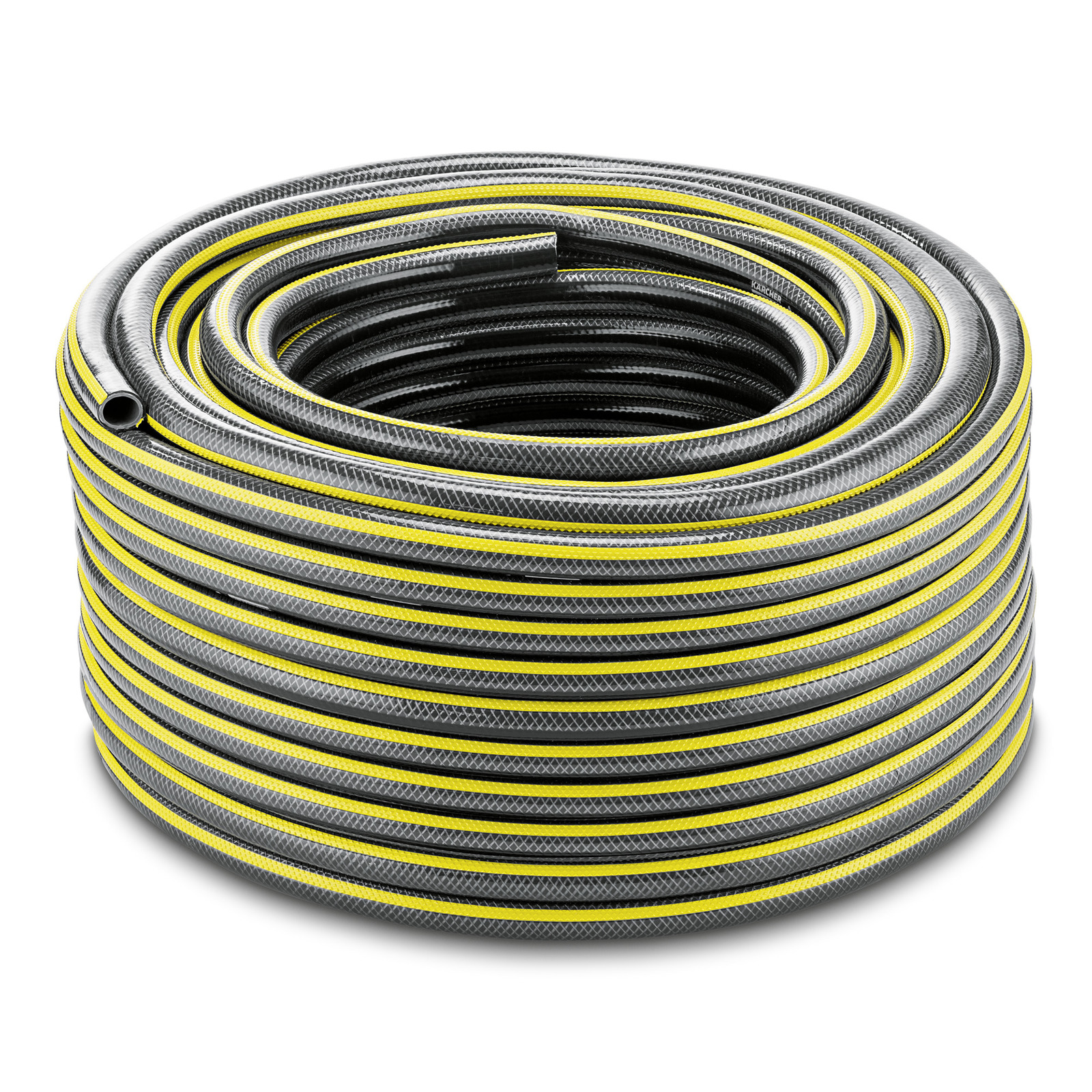 Coiled Kärcher garden hose with yellow and black stripes, featuring a textured surface.