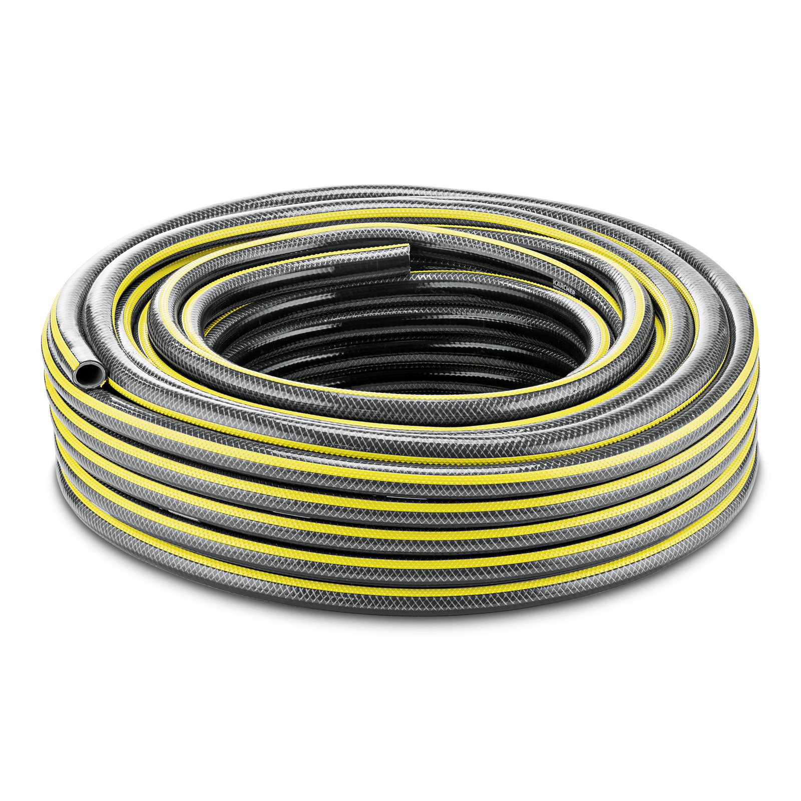 Coiled Kärcher garden hose with black and yellow stripes, featuring a textured surface.