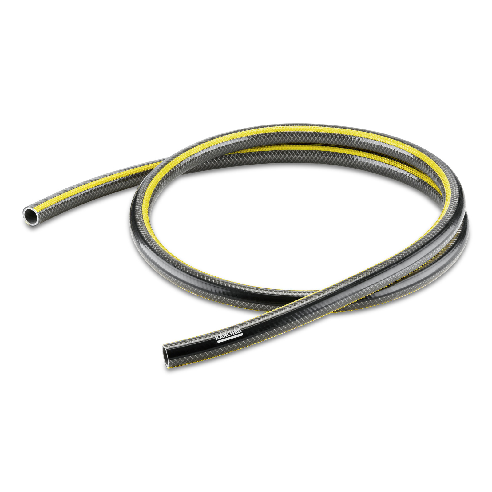 Kärcher garden hose with black and yellow stripes, coiled on a white background. Kärcher garden hose with black and yellow stripes, coiled on a white background.