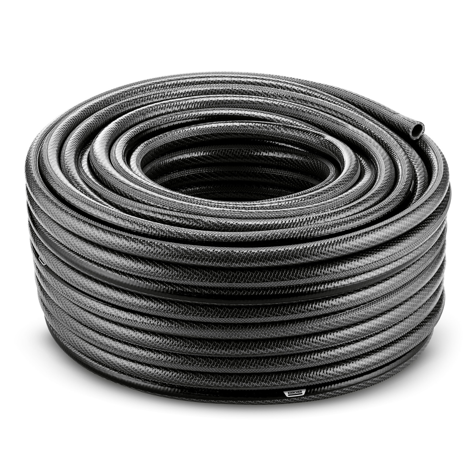 Coiled Kärcher garden hose with textured surface, neatly stacked in a circular pattern.