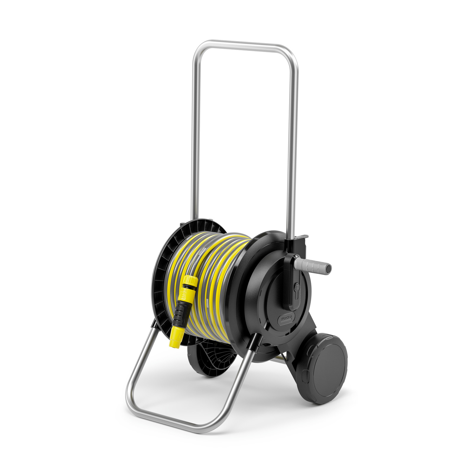 Kärcher hose reel with yellow hose, mounted on a black and silver wheeled frame with a handle and crank.