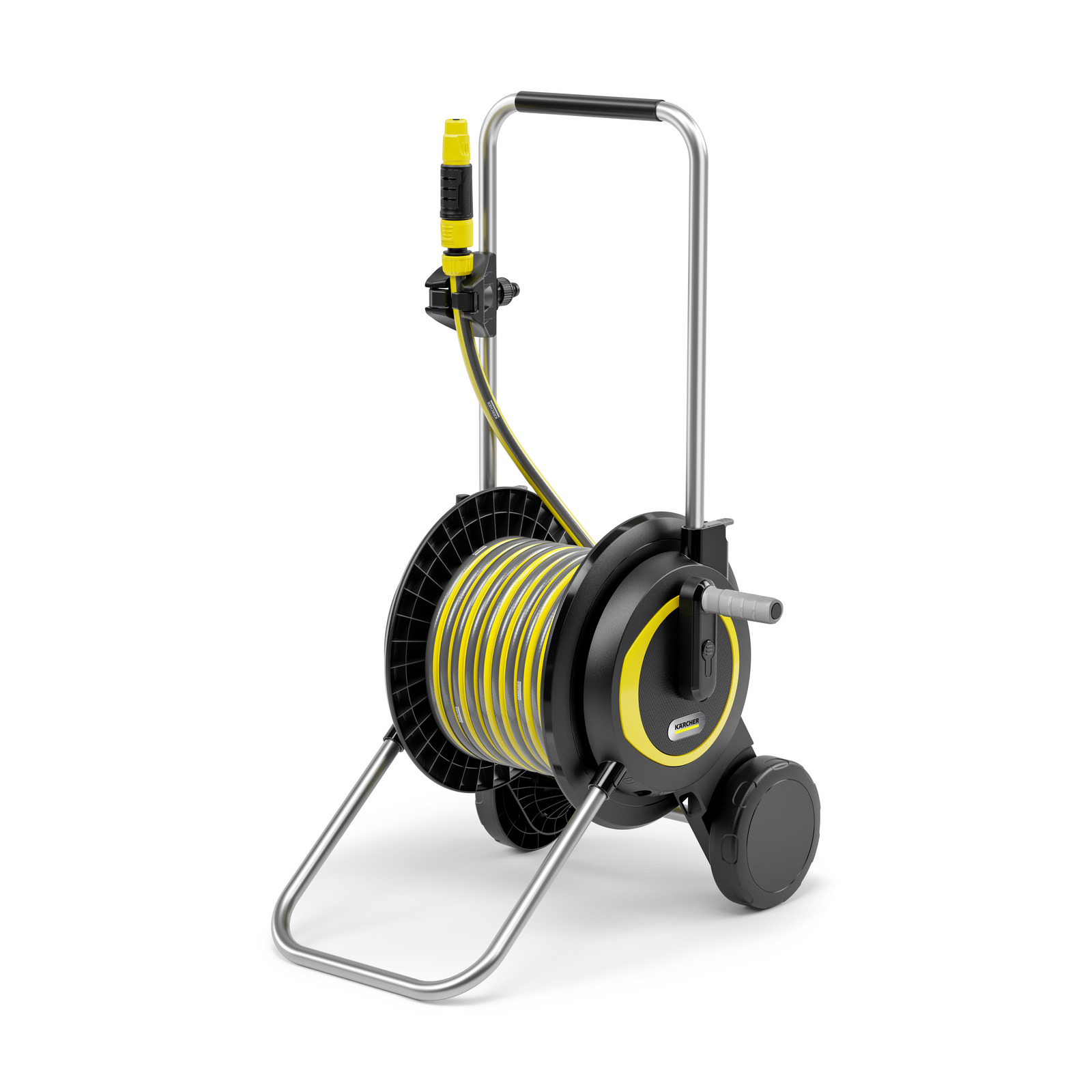 Kärcher hose reel with yellow hose, mounted on a wheeled frame with a handle and crank.