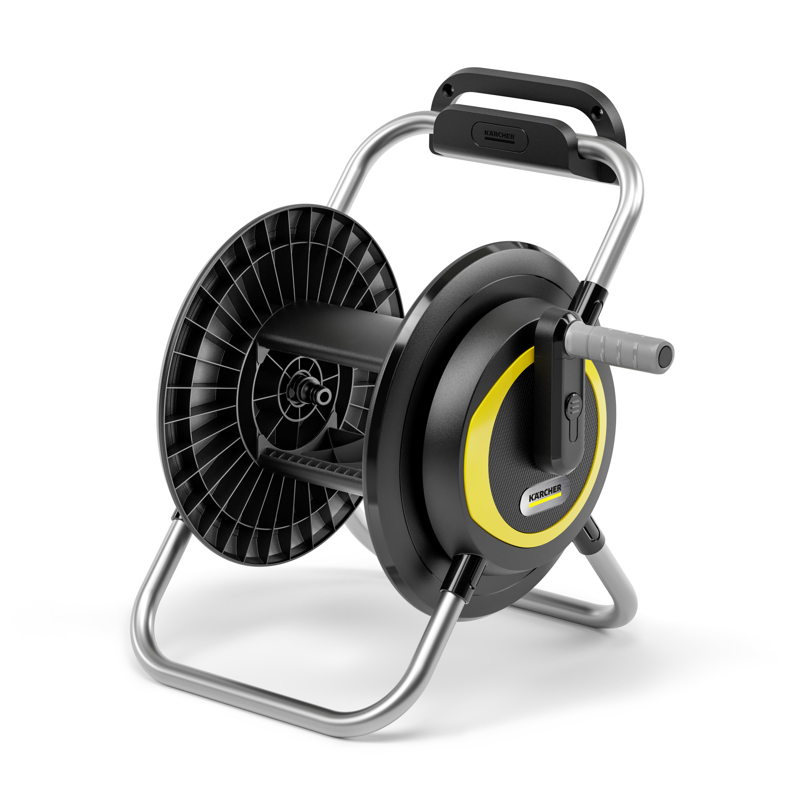 Kärcher hose reel with a sturdy metal frame, black and yellow design, and ergonomic handle for winding.