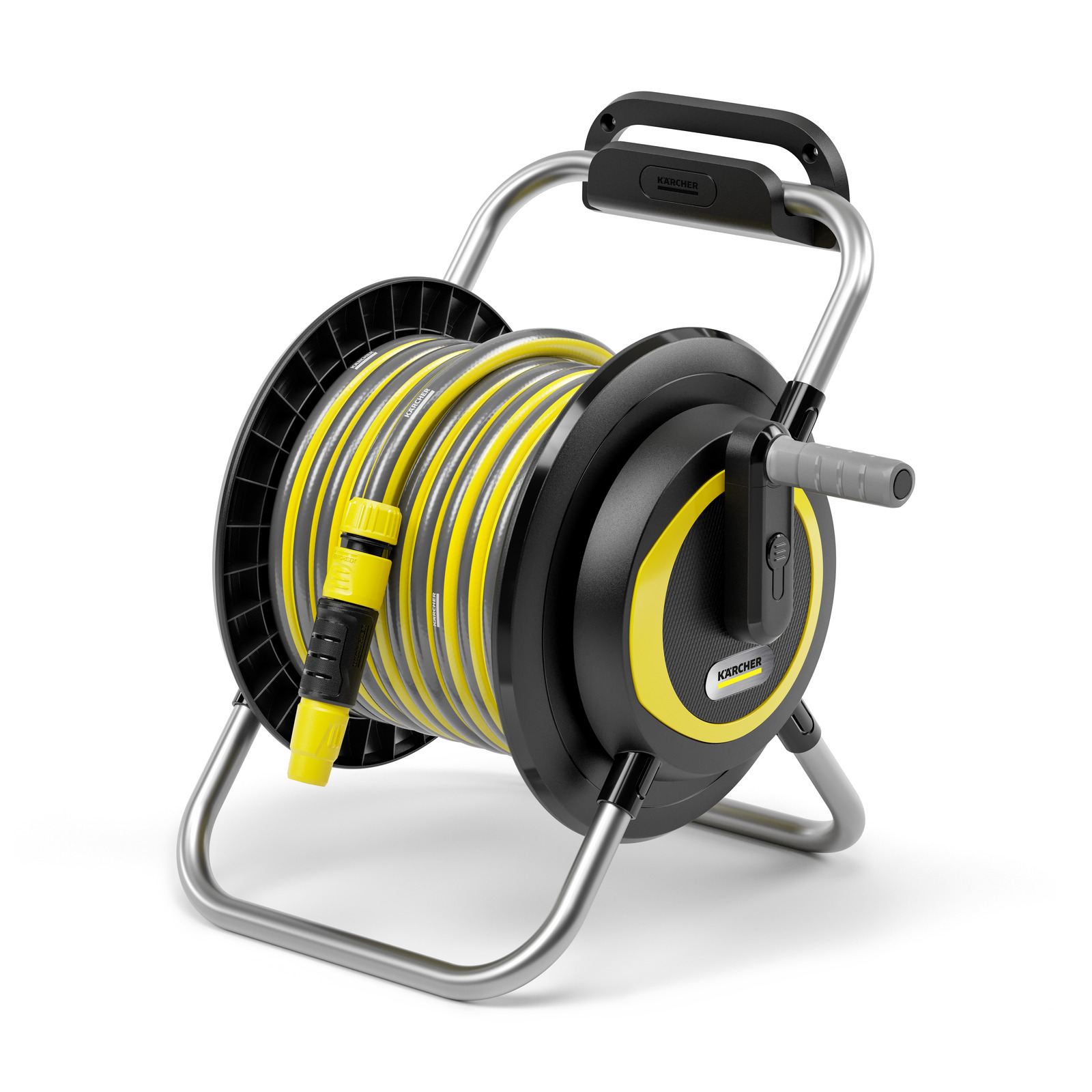 Kärcher hose reel with yellow and black hose, mounted on a metal frame with a handle and crank.