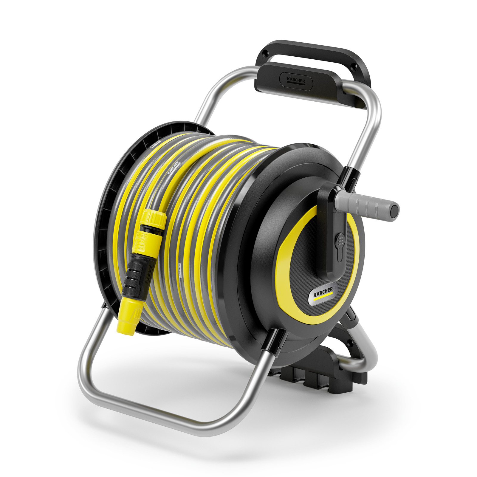 Kärcher hose reel with yellow and black design, featuring a crank handle and metal frame.