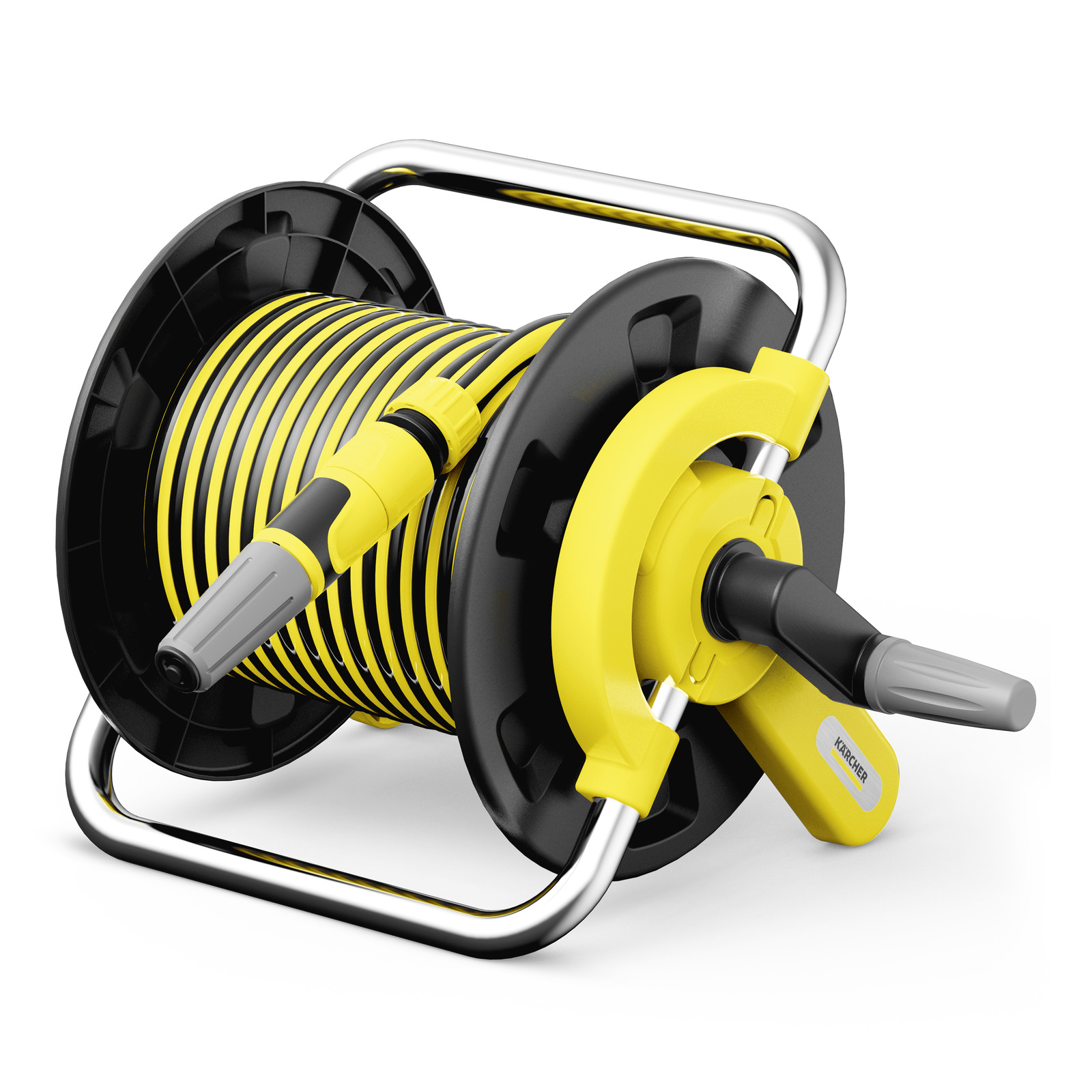 Kärcher hose reel with yellow and black hose, featuring a grey nozzle and handle, set on a white background.
