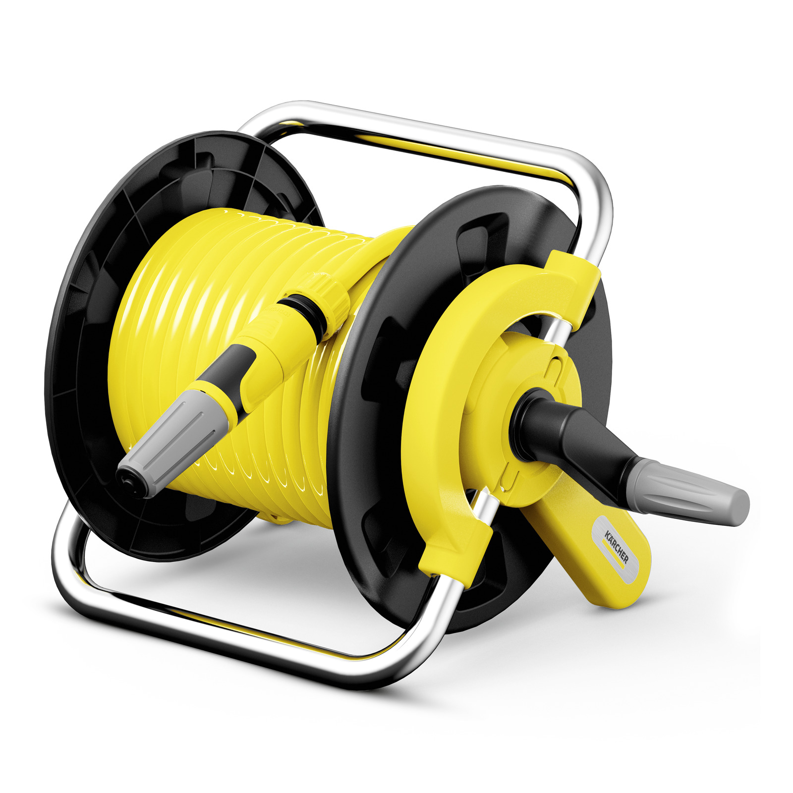 Yellow Kärcher hose reel with grey nozzle, mounted on a metal frame, coiled neatly. Yellow Kärcher hose reel with grey nozzle, mounted on a metal frame, coiled neatly.