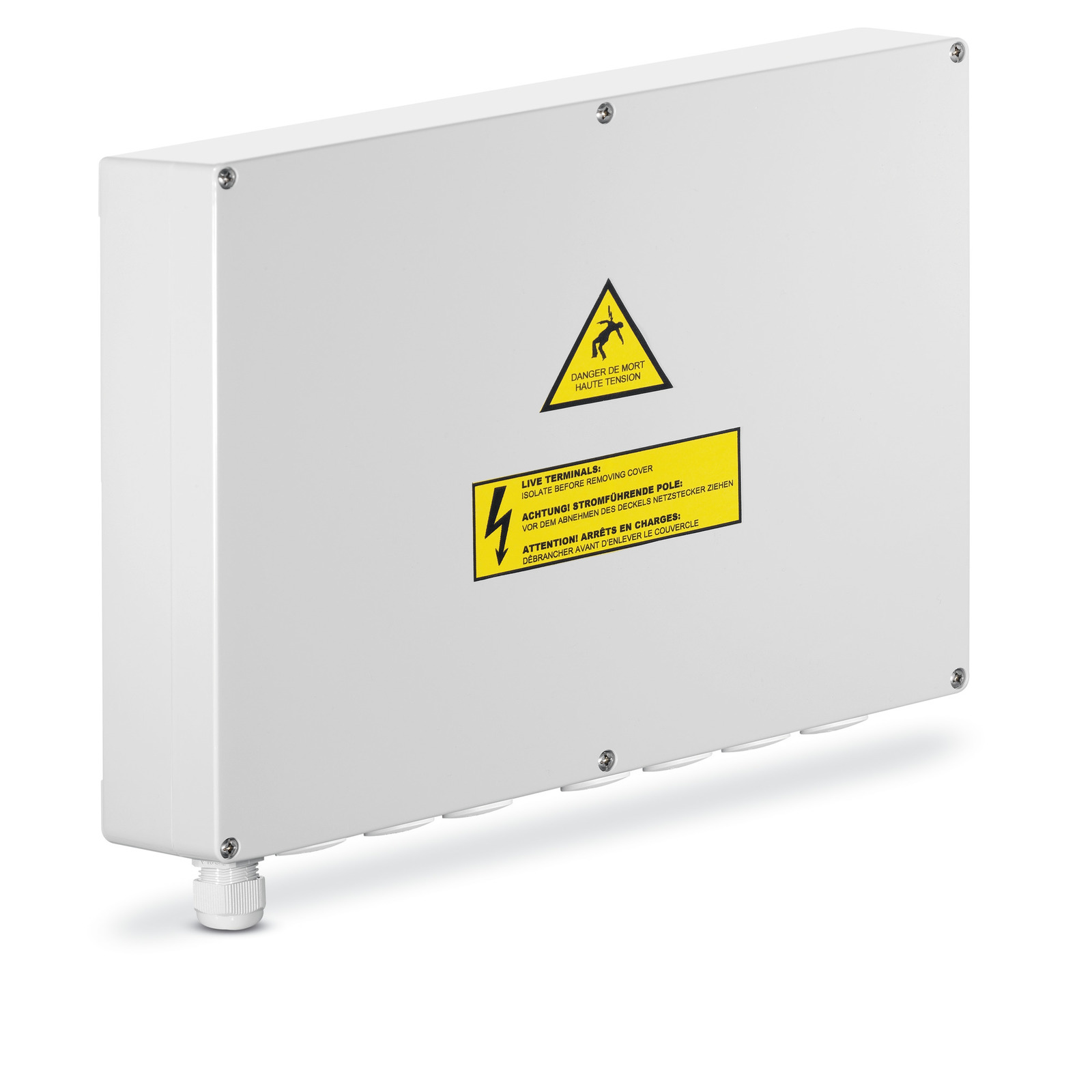 White electrical enclosure with warning labels, including a yellow triangle indicating high voltage and live terminals caution. White electrical enclosure with warning labels, including a yellow triangle indicating high voltage and live terminals caution.