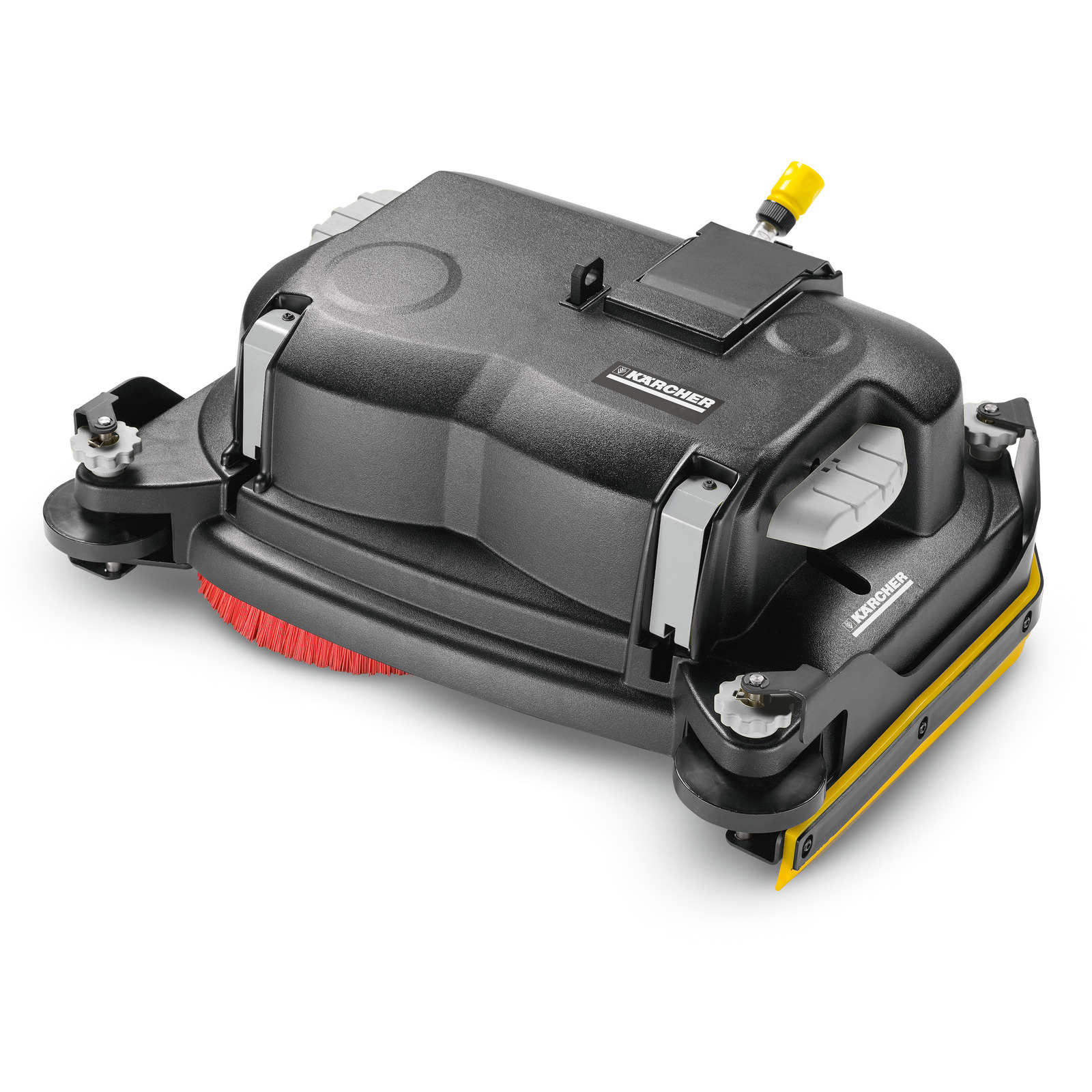 Kärcher robotic floor scrubber with red brush and yellow squeegee, featuring a black and grey design.