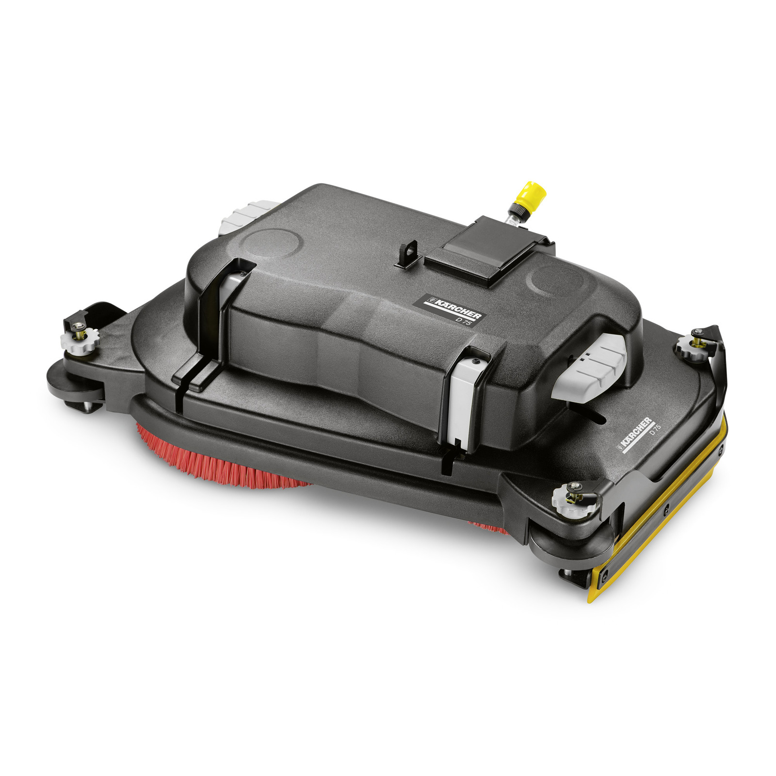 Kärcher scrubber head with red bristles, black casing, and yellow nozzle, designed for floor cleaning machines.