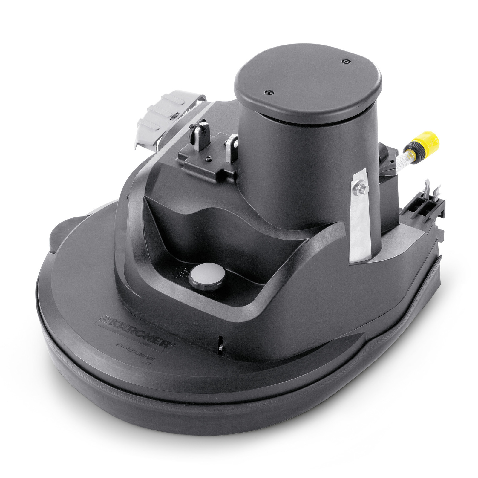 Kärcher professional surface cleaner with a circular design, featuring a black body and visible hose attachment. Kärcher professional surface cleaner with a circular design, featuring a black body and visible hose attachment.