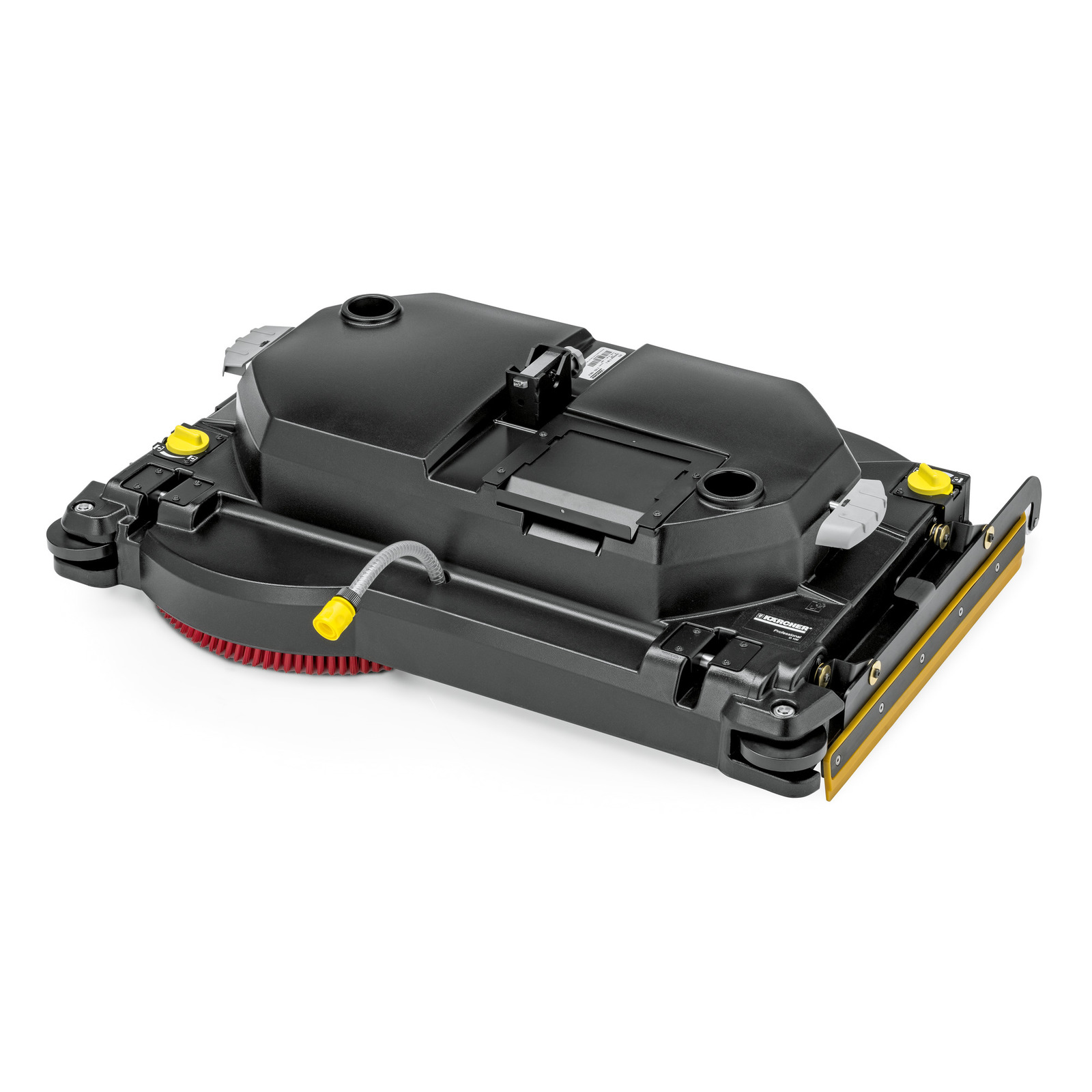 Kärcher scrubber head with black casing, red brush, yellow and grey knobs, and attached hose on white background. Kärcher scrubber head with black casing, red brush, yellow and grey knobs, and attached hose on white background.