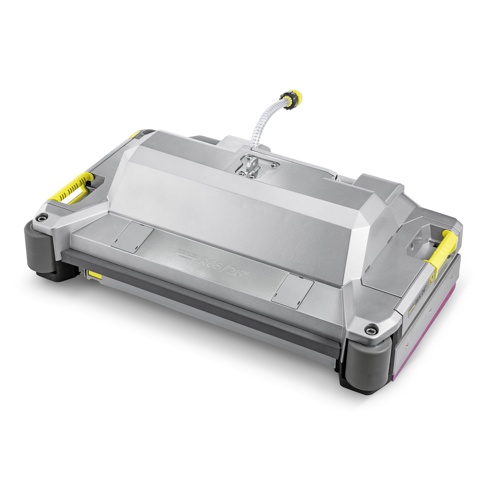 Kärcher robotic floor cleaner with a sleek silver design, featuring yellow accents and a visible hose connection. Kärcher robotic floor cleaner with a sleek silver design, featuring yellow accents and a visible hose connection.