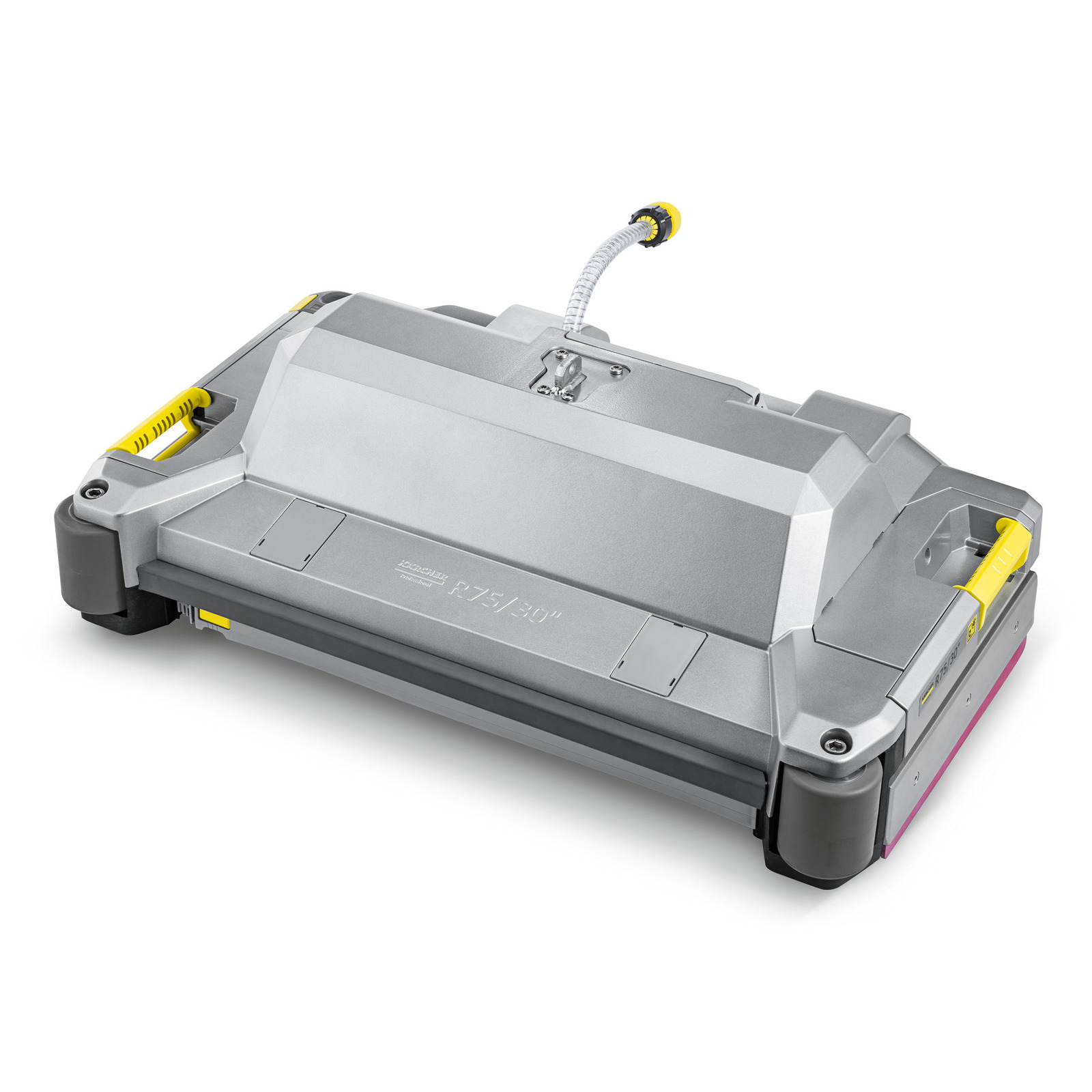 Kärcher surface cleaner with grey body, yellow accents, and attached hose, designed for efficient cleaning tasks.
