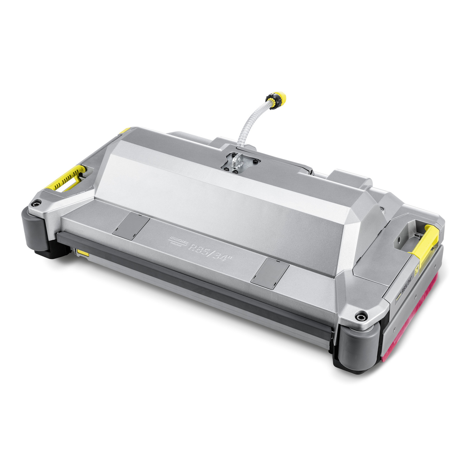 Kärcher R 85/34 scrubber head in silver, featuring a hose attachment and yellow accents, designed for cleaning applications. Kärcher R 85/34 scrubber head in silver, featuring a hose attachment and yellow accents, designed for cleaning applications.