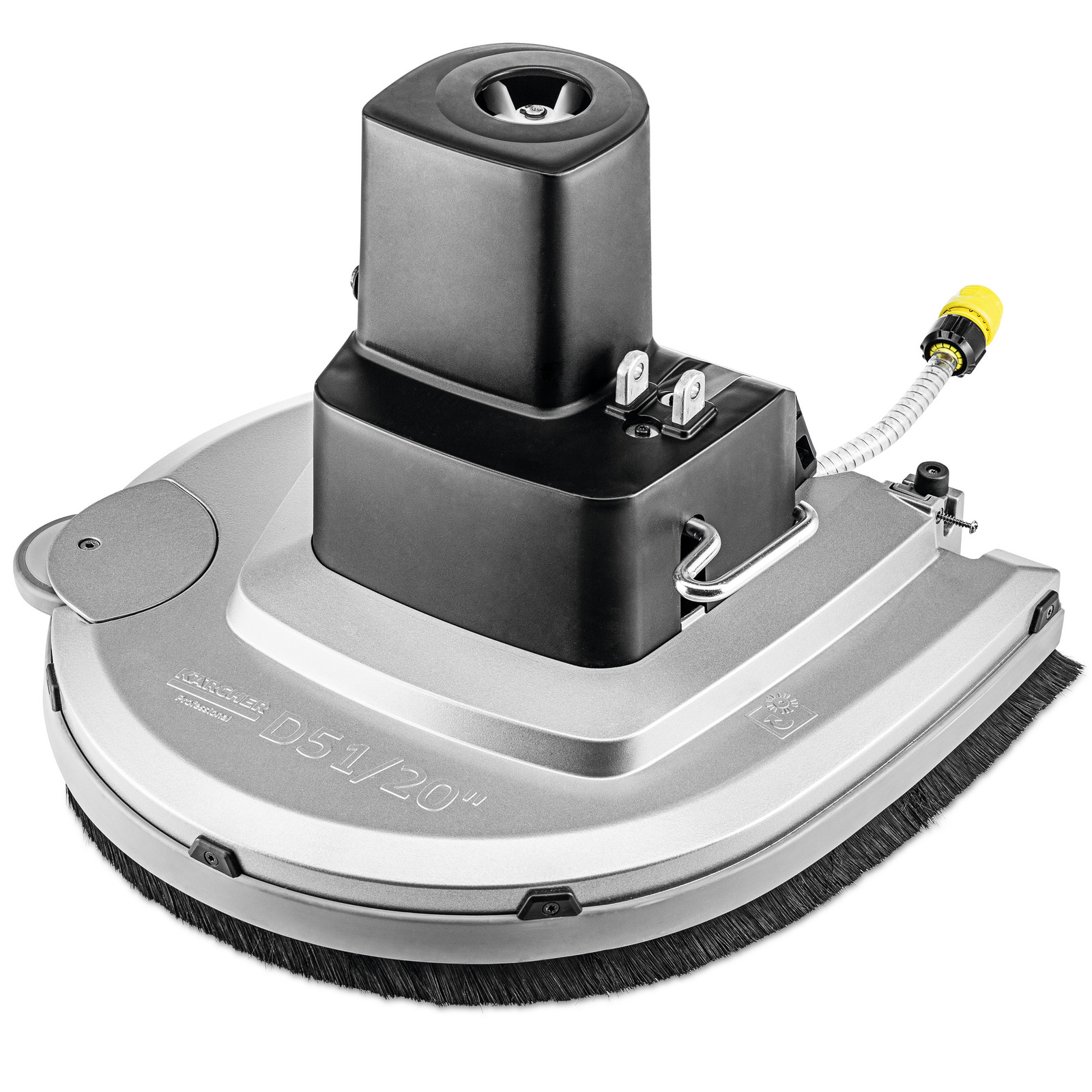 Kärcher D51/20 floor cleaning head with black bristles and a yellow connector, featuring a sleek silver design. Kärcher D51/20 floor cleaning head with black bristles and a yellow connector, featuring a sleek silver design.