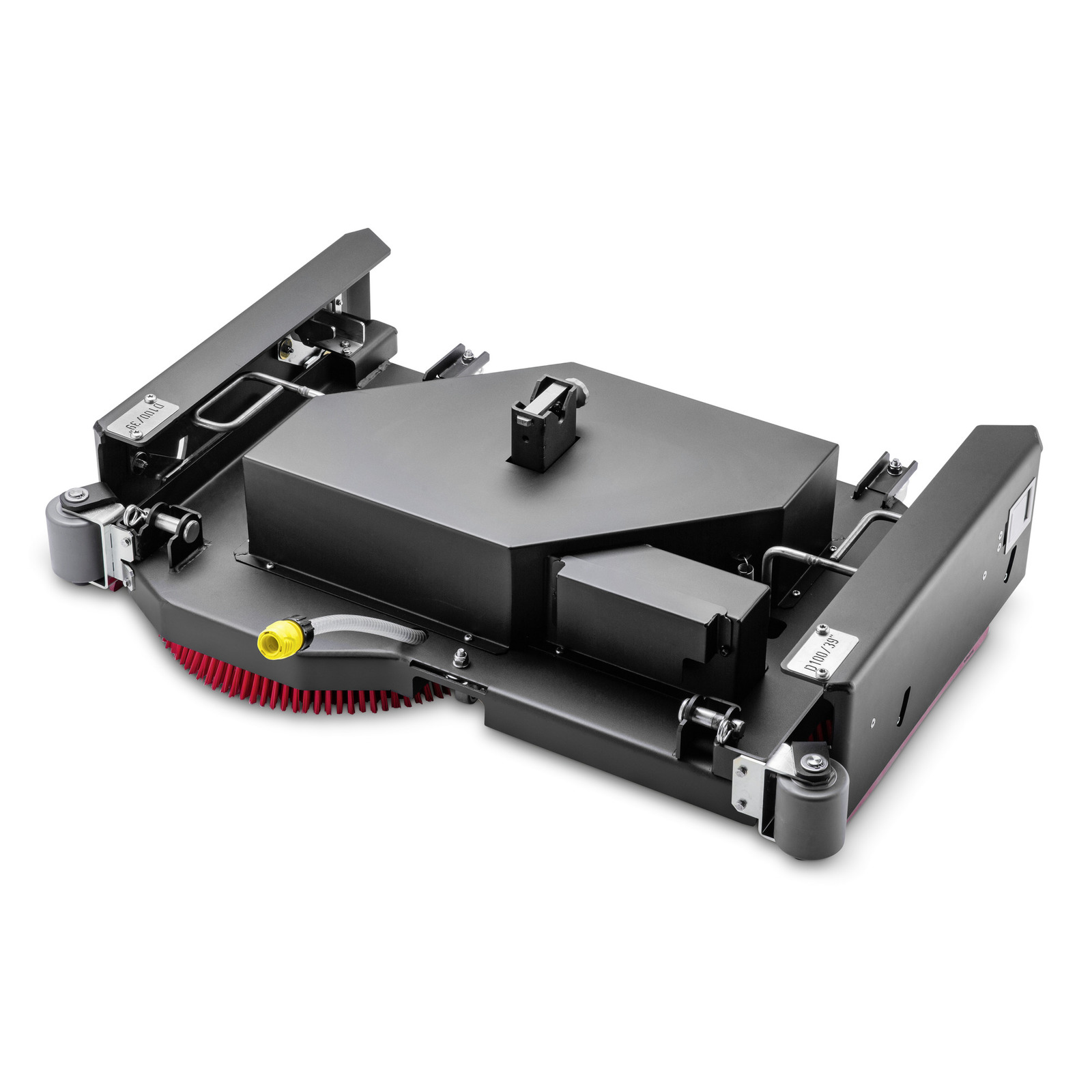 Kärcher robotic floor scrubber with black casing, red brush, and yellow hose attachment, viewed from above. Kärcher robotic floor scrubber with black casing, red brush, and yellow hose attachment, viewed from above.