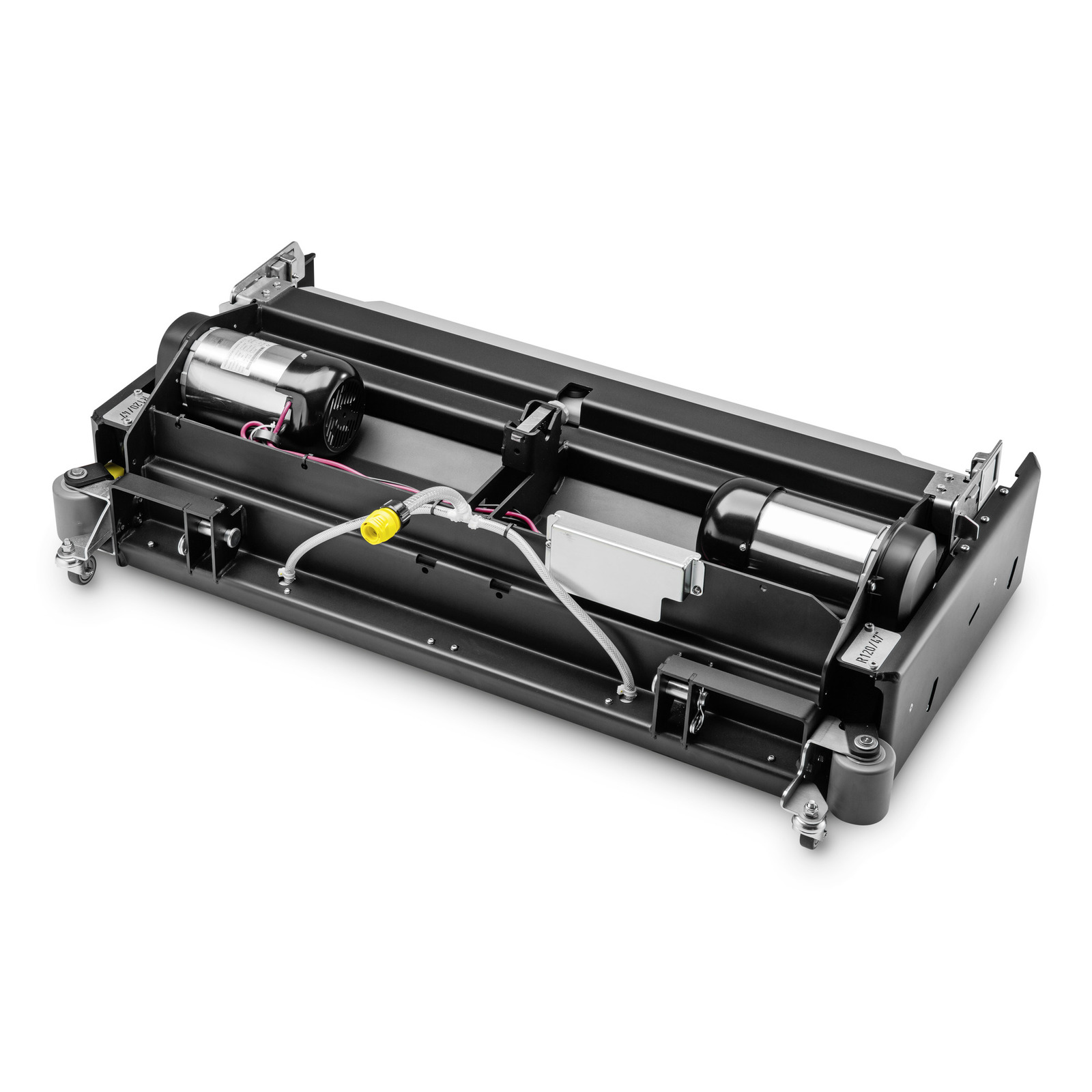 Black Kärcher brush head attachment with visible motors and hoses, resting on a white background. Black Kärcher brush head attachment with visible motors and hoses, resting on a white background.