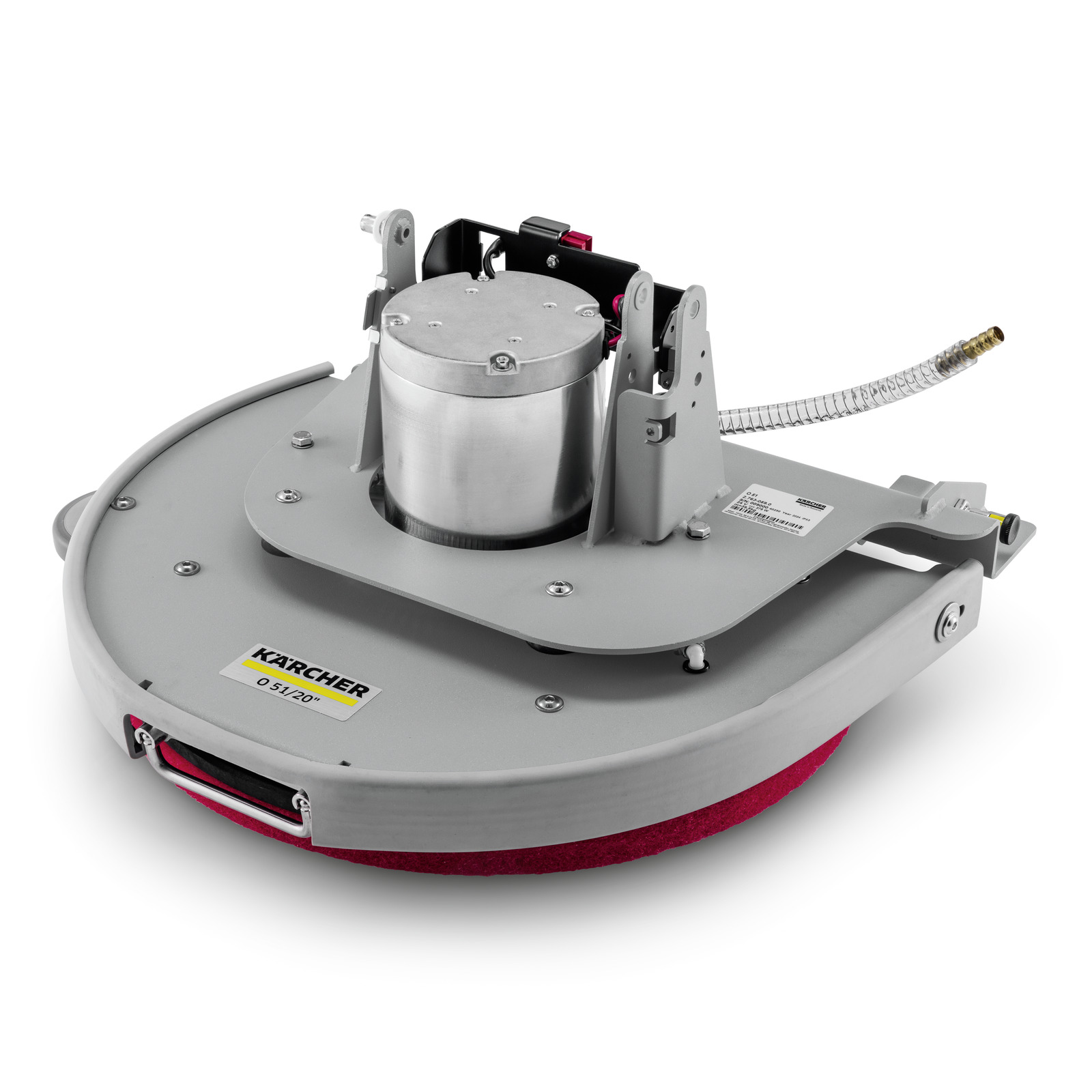 Kärcher floor cleaning head with a circular design, featuring a red pad and metal components, including a hose attachment.