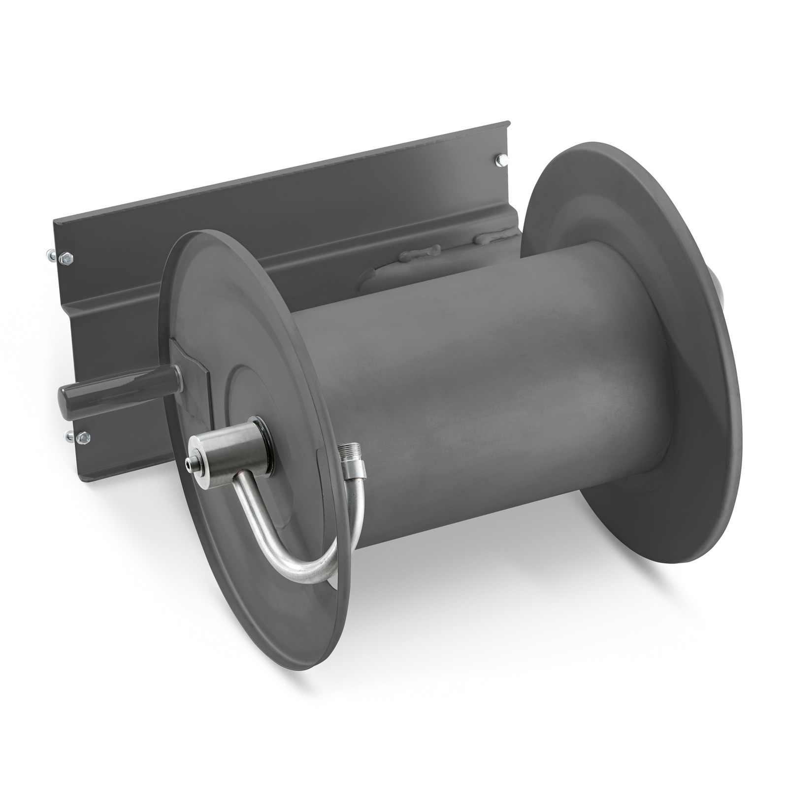 Grey metal hose reel with mounting bracket, featuring a cylindrical drum and handle on one side.