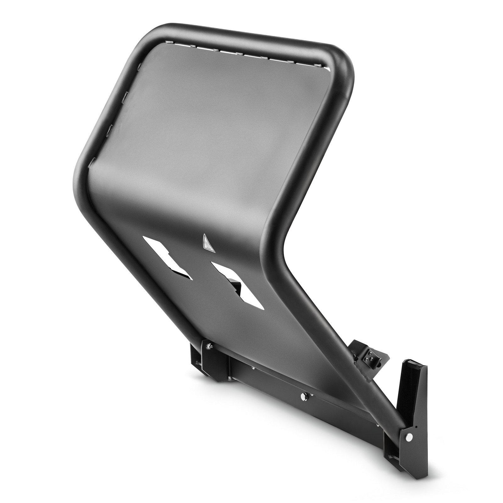 Black metal protective guard with angled design and cut-out shapes, mounted on a base.