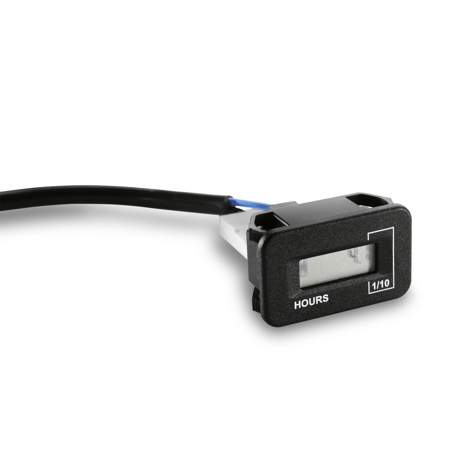 Black digital hour meter with a display showing partial numbers, connected to a black cable with a blue wire. Black digital hour meter with a display showing partial numbers, connected to a black cable with a blue wire.