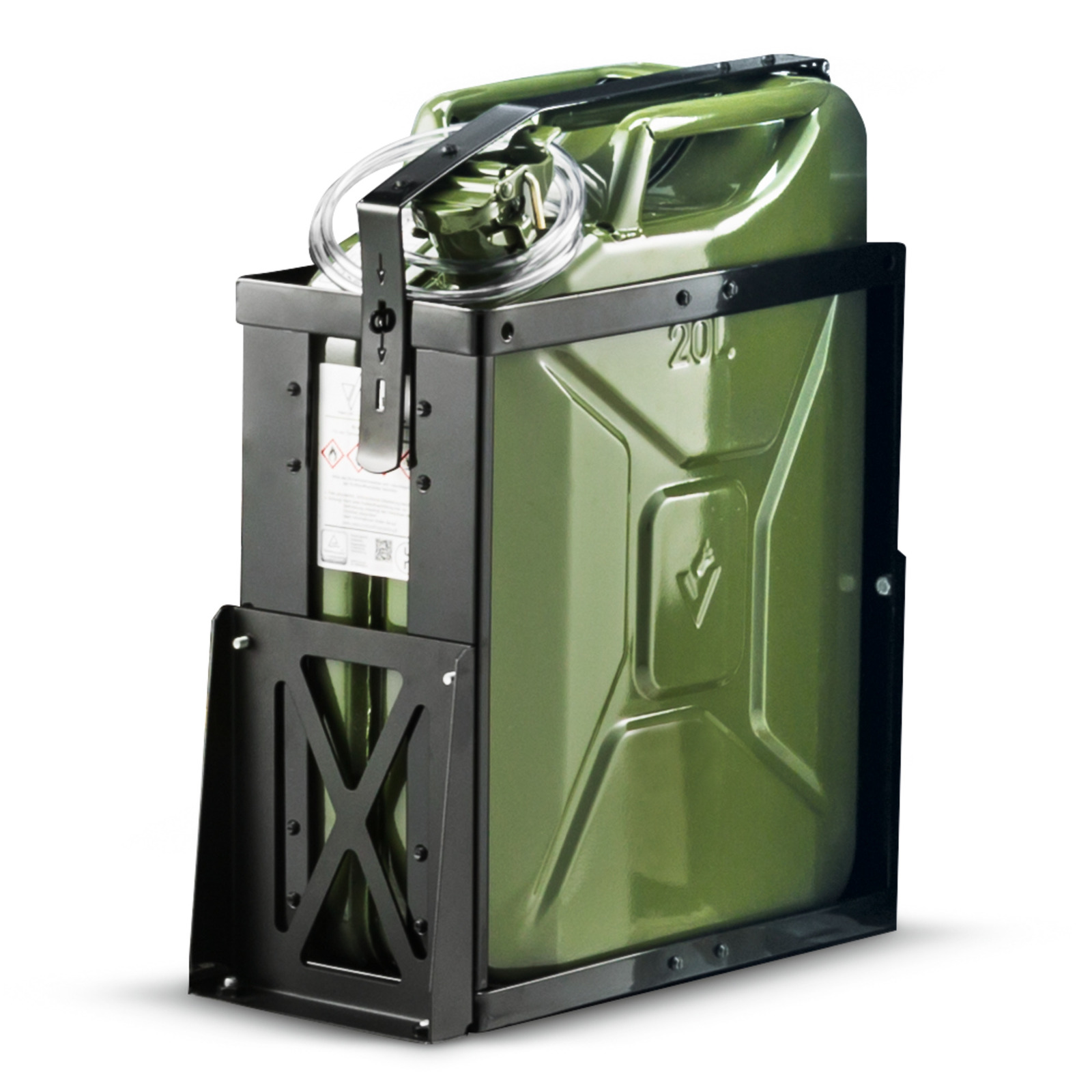 Green metal jerry can secured in a black metal holder, featuring a flexible hose attached to the top. Green metal jerry can secured in a black metal holder, featuring a flexible hose attached to the top.