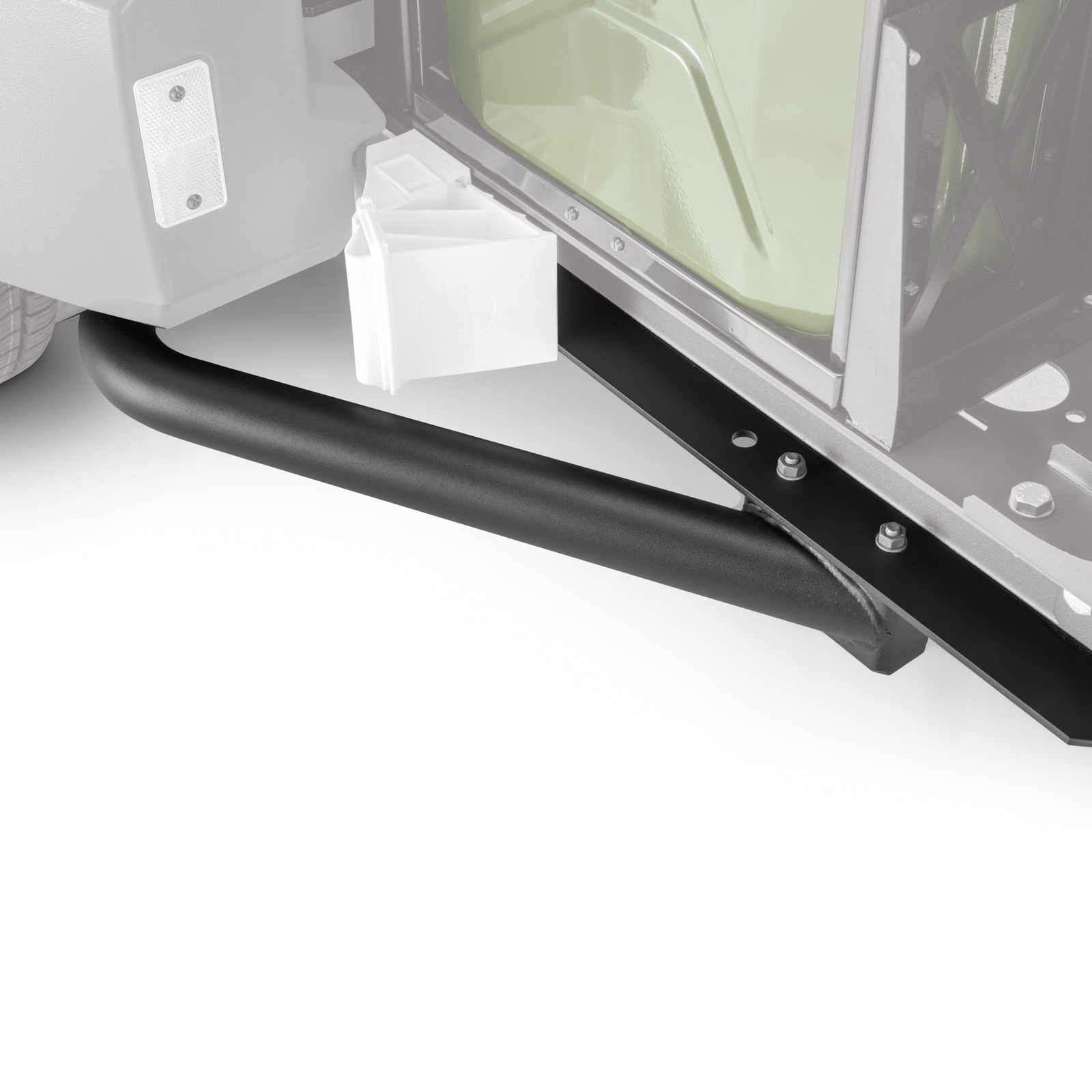 Black metal bumper bar attached to the side of a machine, with a white plastic component nearby. Black metal bumper bar attached to the side of a machine, with a white plastic component nearby.
