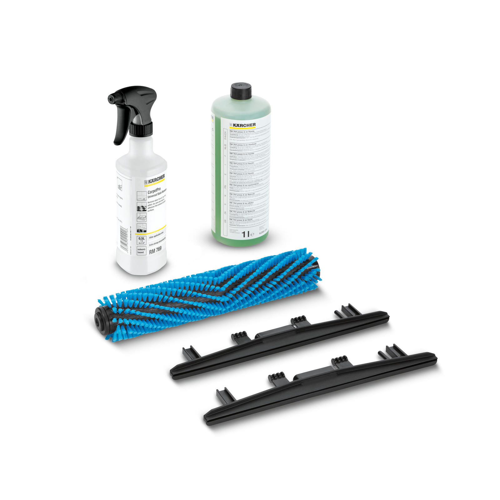 Kärcher cleaning set with spray bottle, large detergent bottle, blue roller brush, and two black plastic attachments. Kärcher cleaning set with spray bottle, large detergent bottle, blue roller brush, and two black plastic attachments.