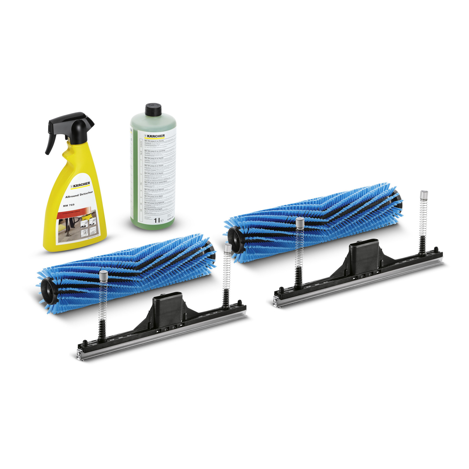 Kärcher cleaning accessories including RM 769 spray, detergent bottle, two blue roller brushes, and two black brush holders.
