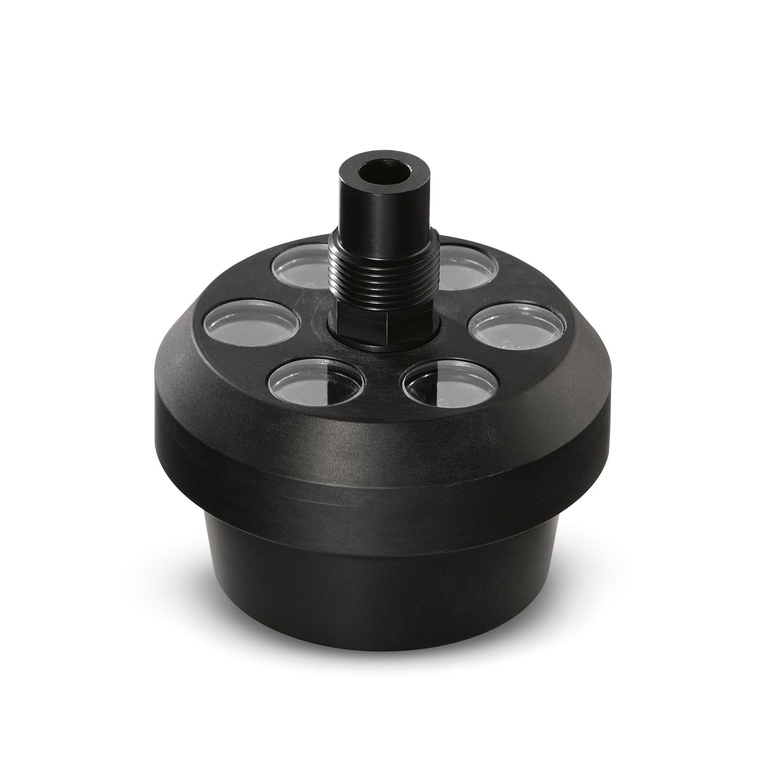 Black Kärcher nozzle head with six circular openings and a central threaded connector. Black Kärcher nozzle head with six circular openings and a central threaded connector.