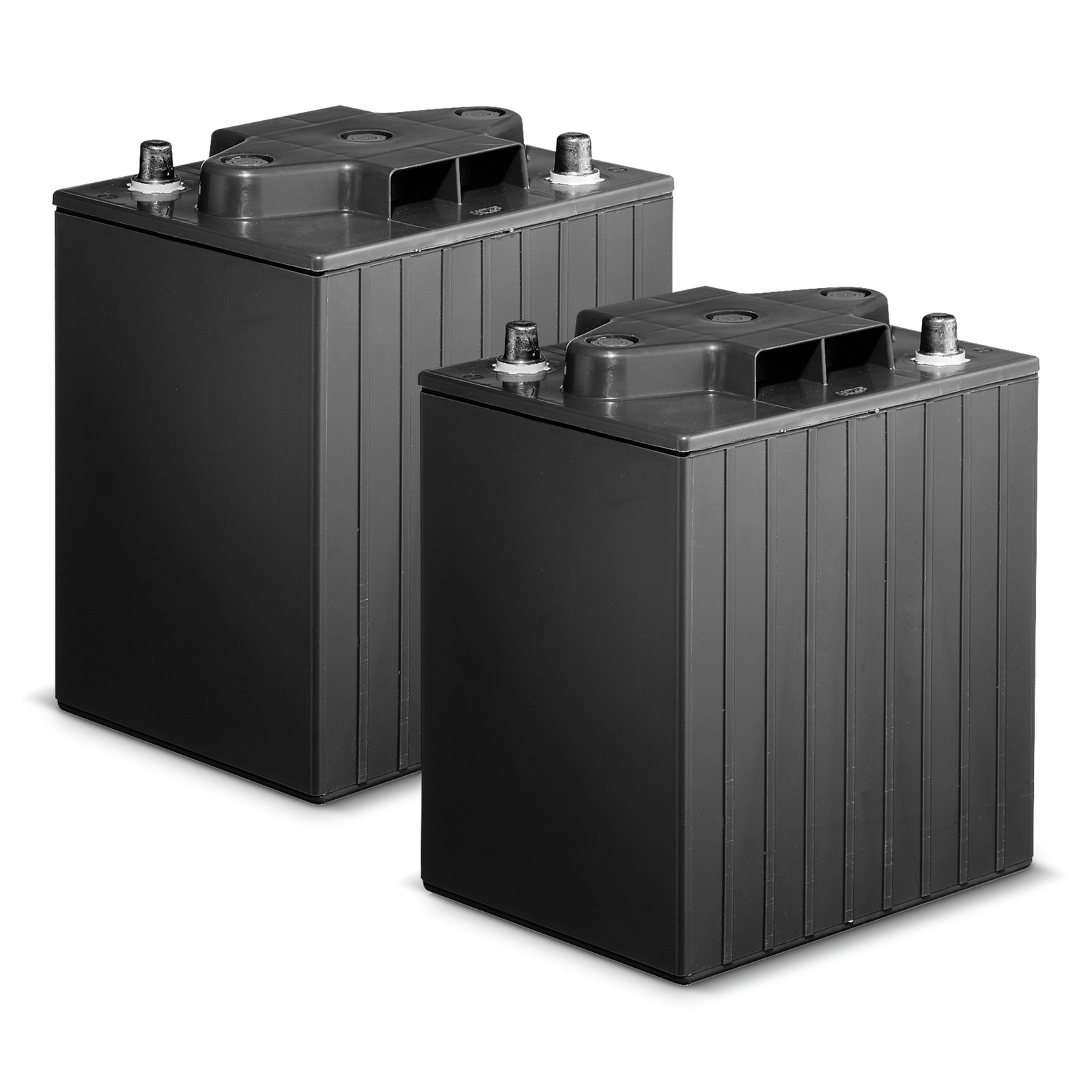 Two large black batteries with visible terminals on top, placed side by side on a white background. Two large black batteries with visible terminals on top, placed side by side on a white background.