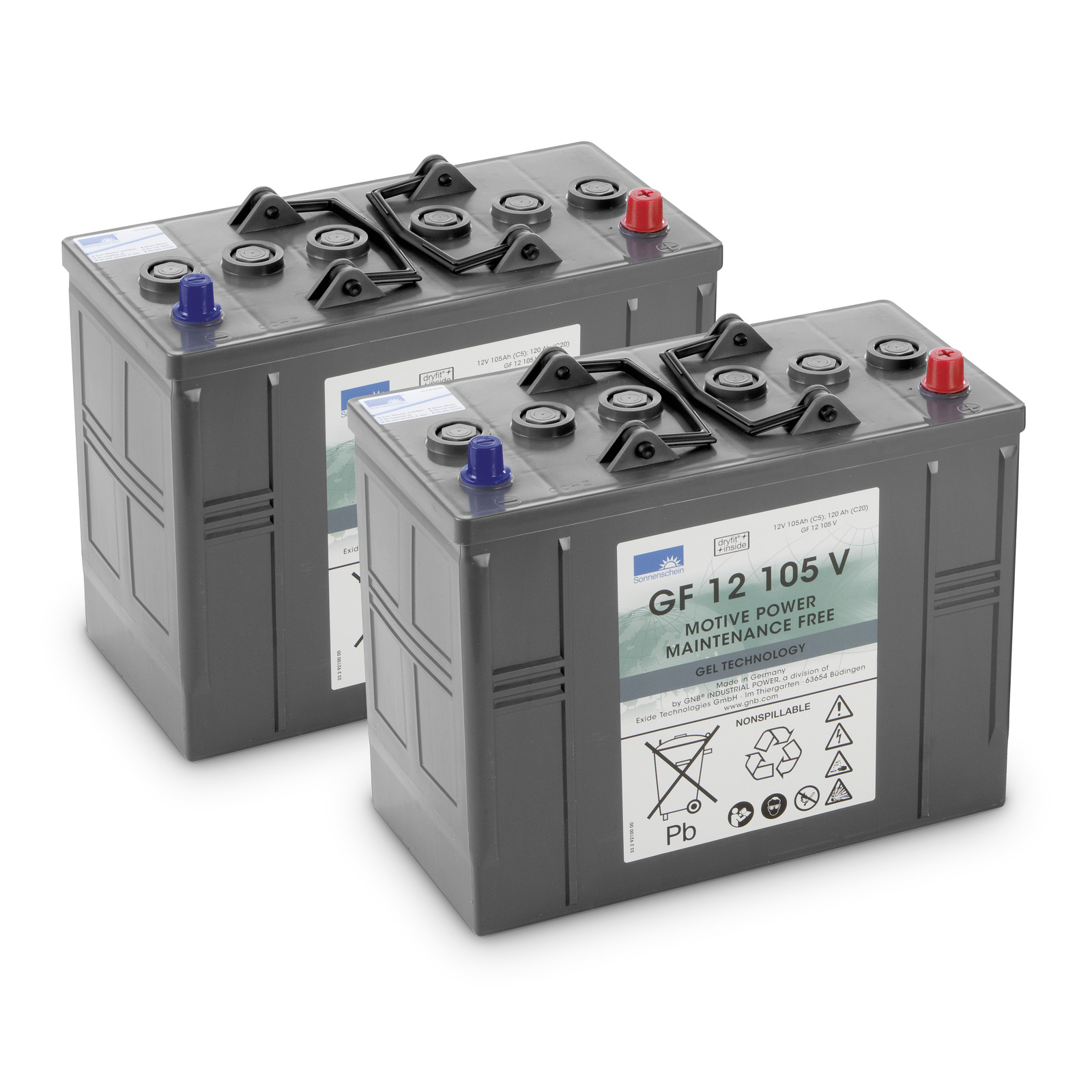 Two grey GF 12 105 V motive power batteries with red and blue terminals, featuring maintenance-free gel technology. Two grey GF 12 105 V motive power batteries with red and blue terminals, featuring maintenance-free gel technology.