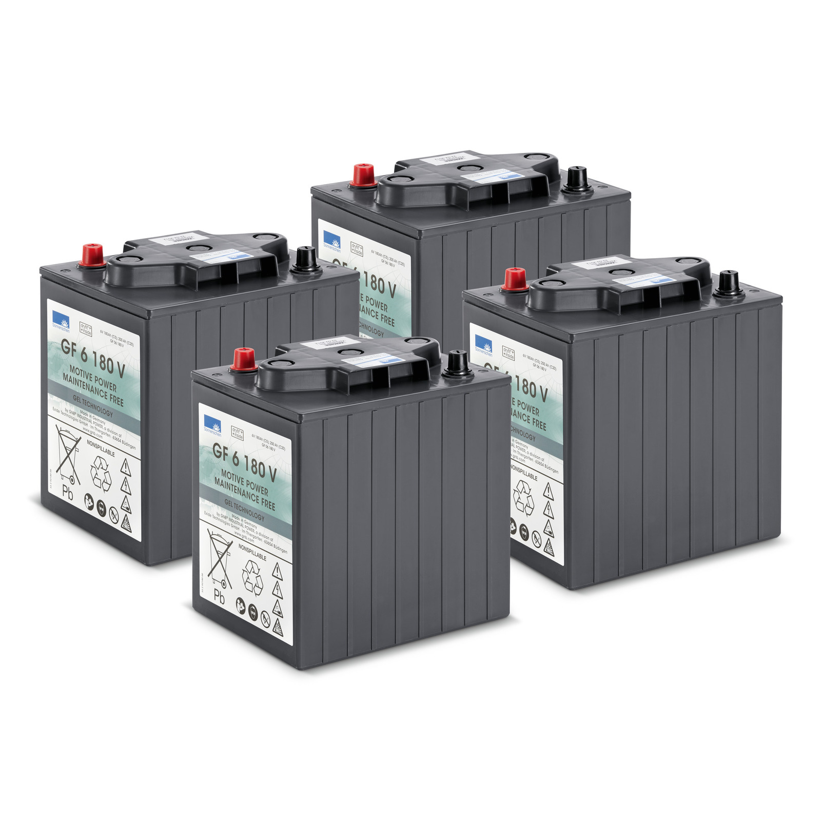 Four GF 6 180 V motive power batteries with maintenance-free gel technology, featuring red and black terminals. Four GF 6 180 V motive power batteries with maintenance-free gel technology, featuring red and black terminals.