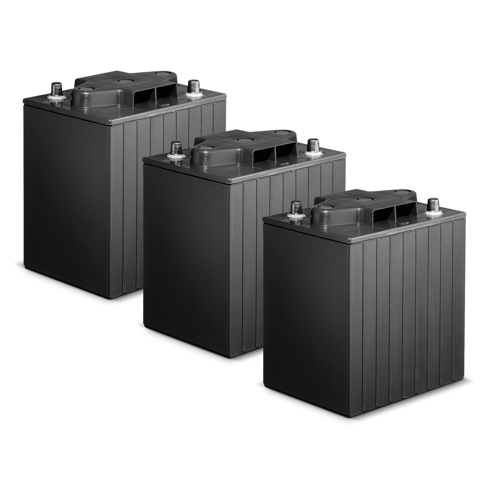 Three black rectangular batteries with terminal posts on top, arranged in a row against a white background. Three black rectangular batteries with terminal posts on top, arranged in a row against a white background.