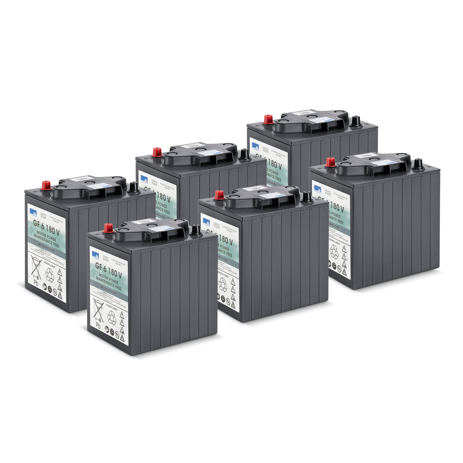 Six grey GF 6 180 V batteries with black tops and red and black terminals, arranged in two rows. Six grey GF 6 180 V batteries with black tops and red and black terminals, arranged in two rows.