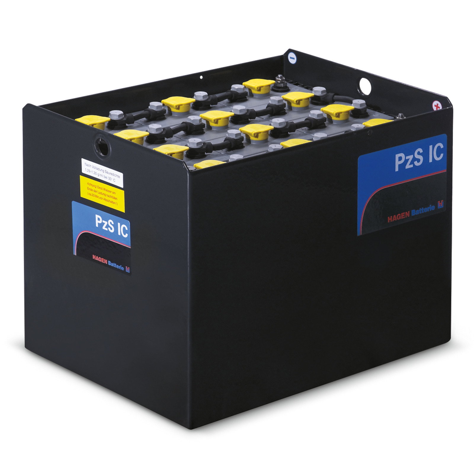 Black battery box with yellow caps, labelled "PzS IC" and "HAGEN Batterie."