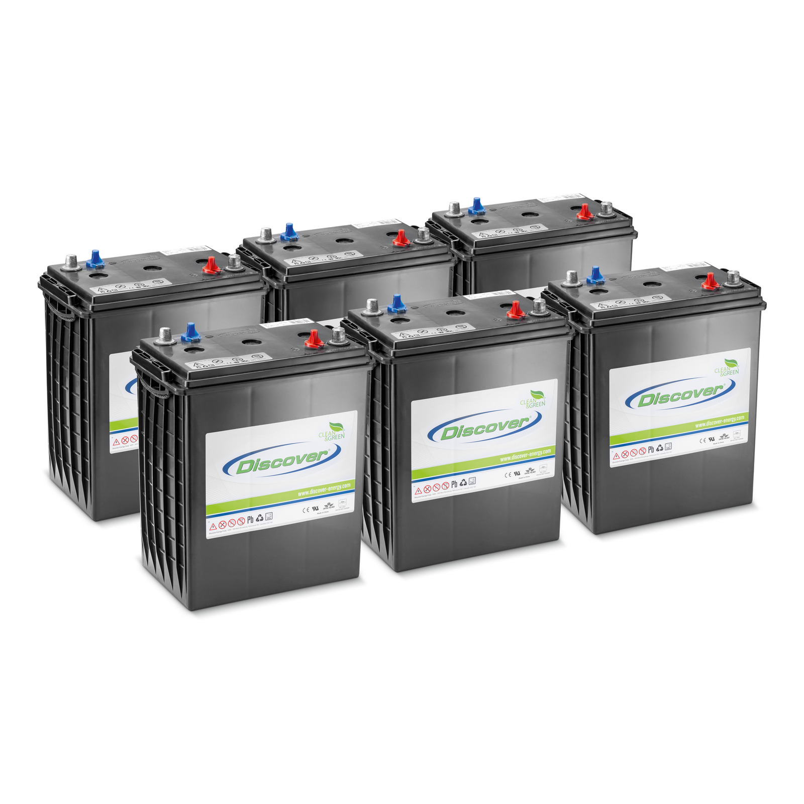 Six Discover batteries with blue and red terminals arranged in two rows on a white background. Six Discover batteries with blue and red terminals arranged in two rows on a white background.