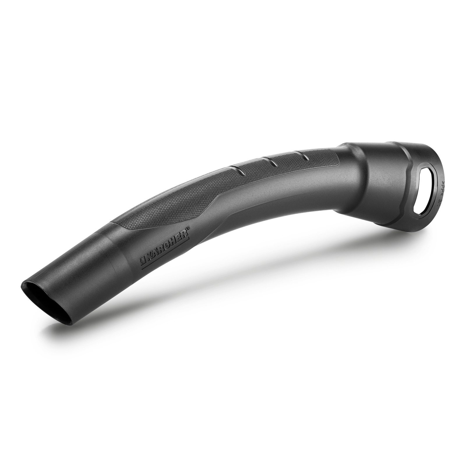 Curved black Kärcher nozzle attachment with textured grip and brand logo, isolated on a white background.