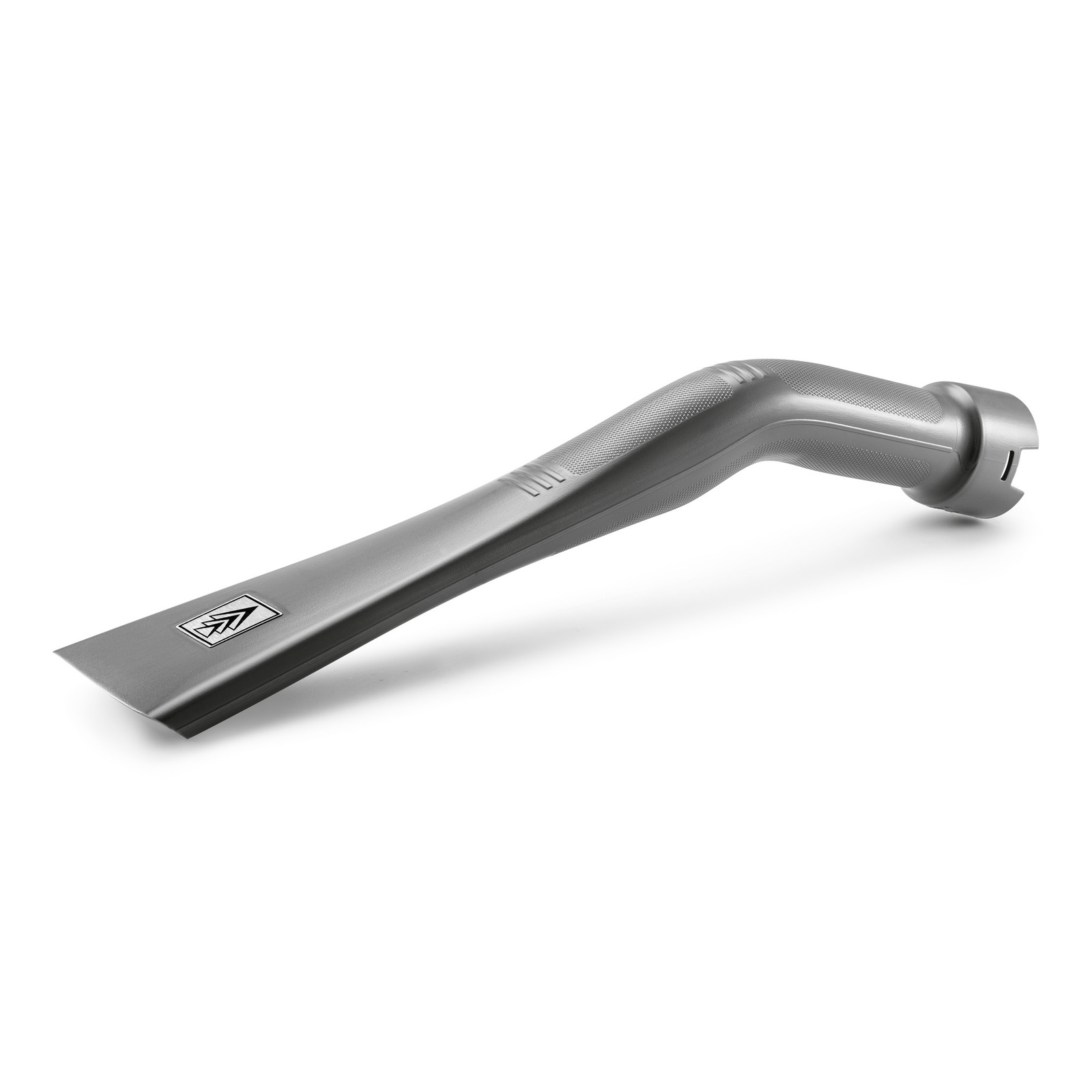 Grey Kärcher nozzle attachment with a curved design, featuring the Kärcher logo on a flat end. Grey Kärcher nozzle attachment with a curved design, featuring the Kärcher logo on a flat end.