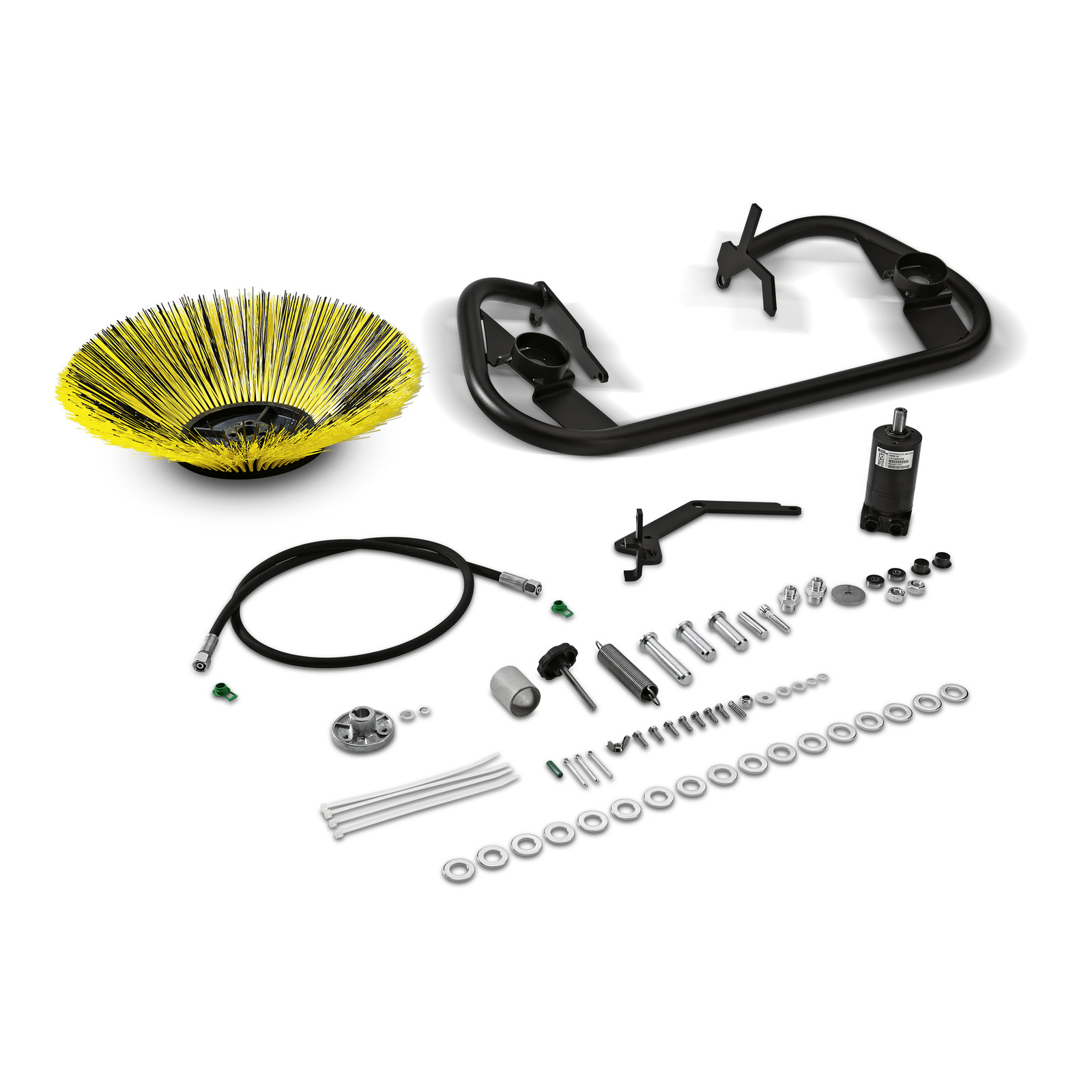Kärcher sweeper accessory kit with yellow brush, metal frame, motor, hose, bolts, washers, and small components arranged on a white surface. Kärcher sweeper accessory kit with yellow brush, metal frame, motor, hose, bolts, washers, and small components arranged on a white surface.