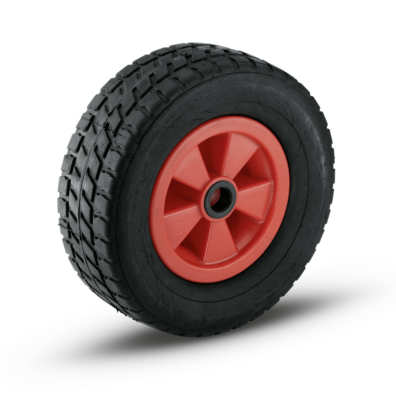 Black rubber wheel with a red plastic hub and radial spokes, isolated on a white background. Black rubber wheel with a red plastic hub and radial spokes, isolated on a white background.