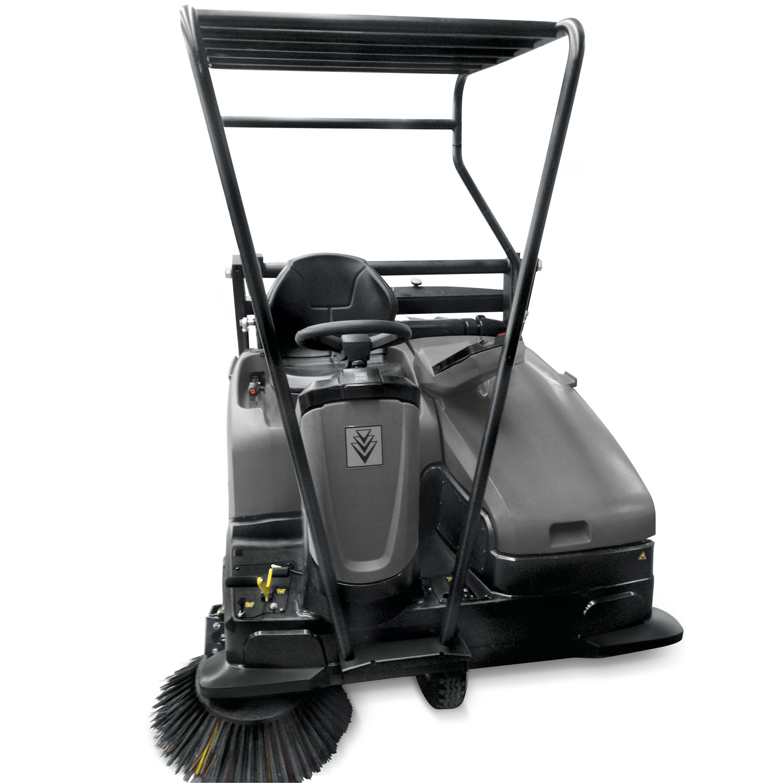 Kärcher ride-on floor sweeper with black frame and brush, featuring a steering wheel and seat. Kärcher ride-on floor sweeper with black frame and brush, featuring a steering wheel and seat.